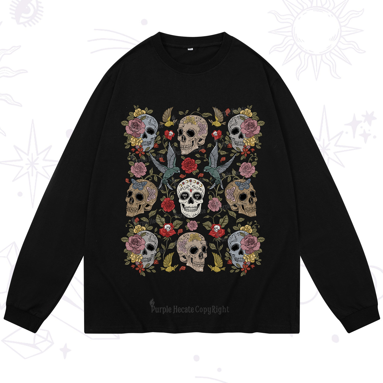 Purplehecate Skull Floral Long Sleeve T-Shirt