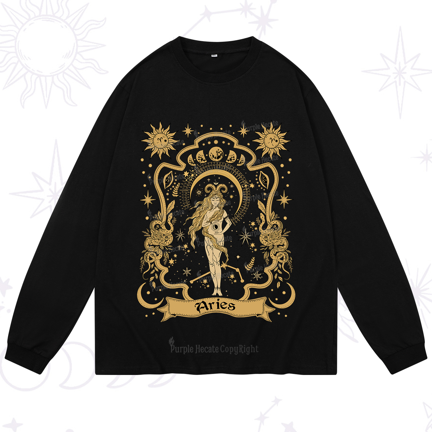 Purplehecate Aries' Astral Mirage Zodiac Long Sleeve T-Shirt