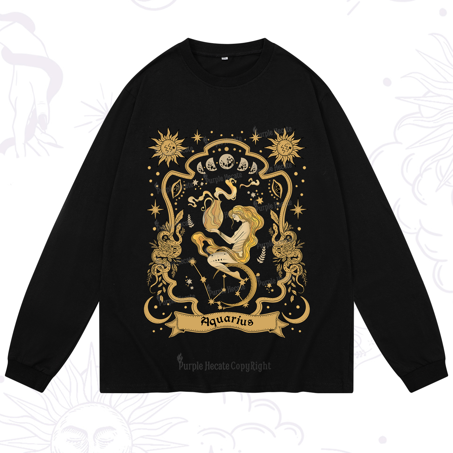 Purplehecate Aquarius' Astral Mirage Zodiac Long Sleeve T-Shirt
