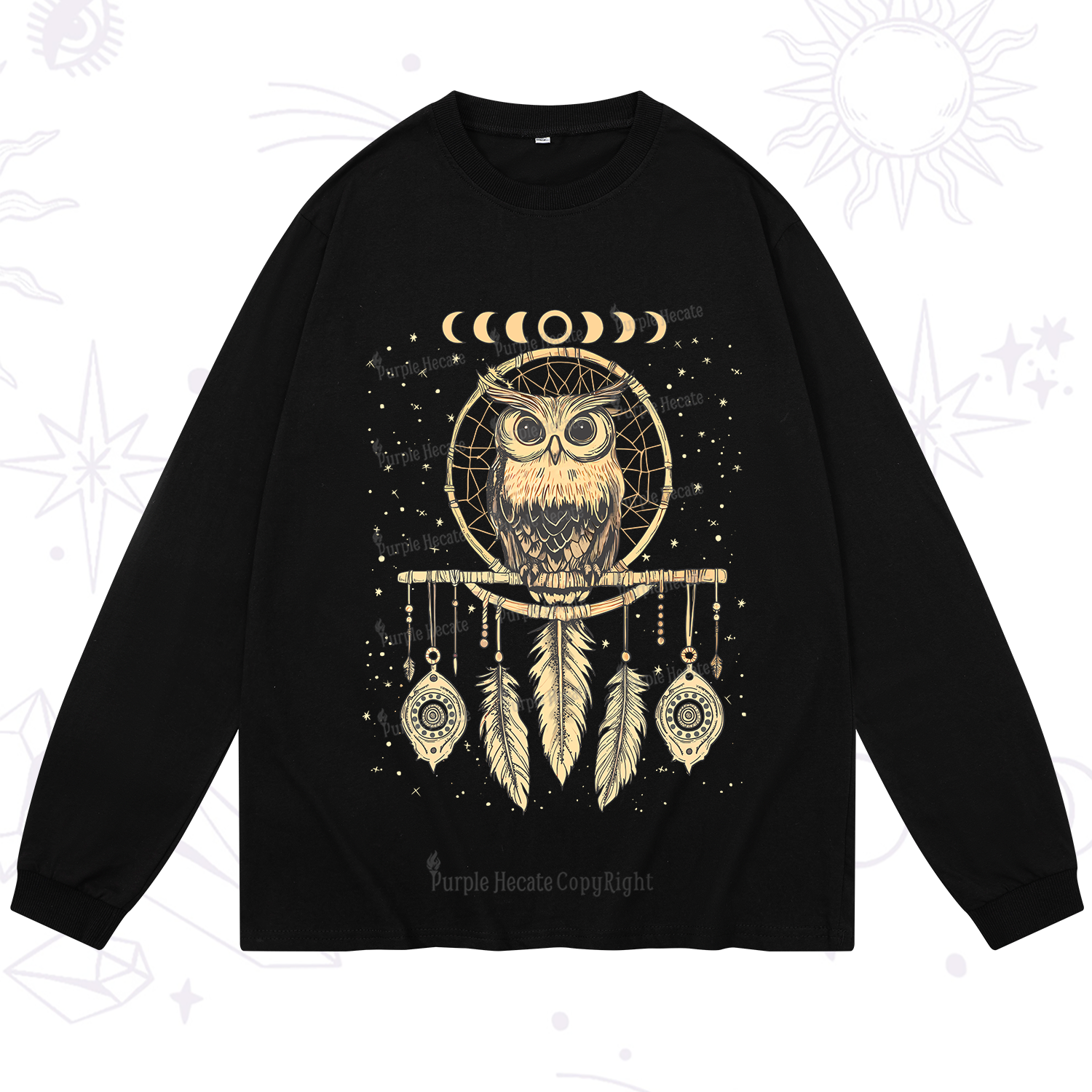 Purplehecate Luna Owl Dream Catcher Long Sleeve T-Shirt