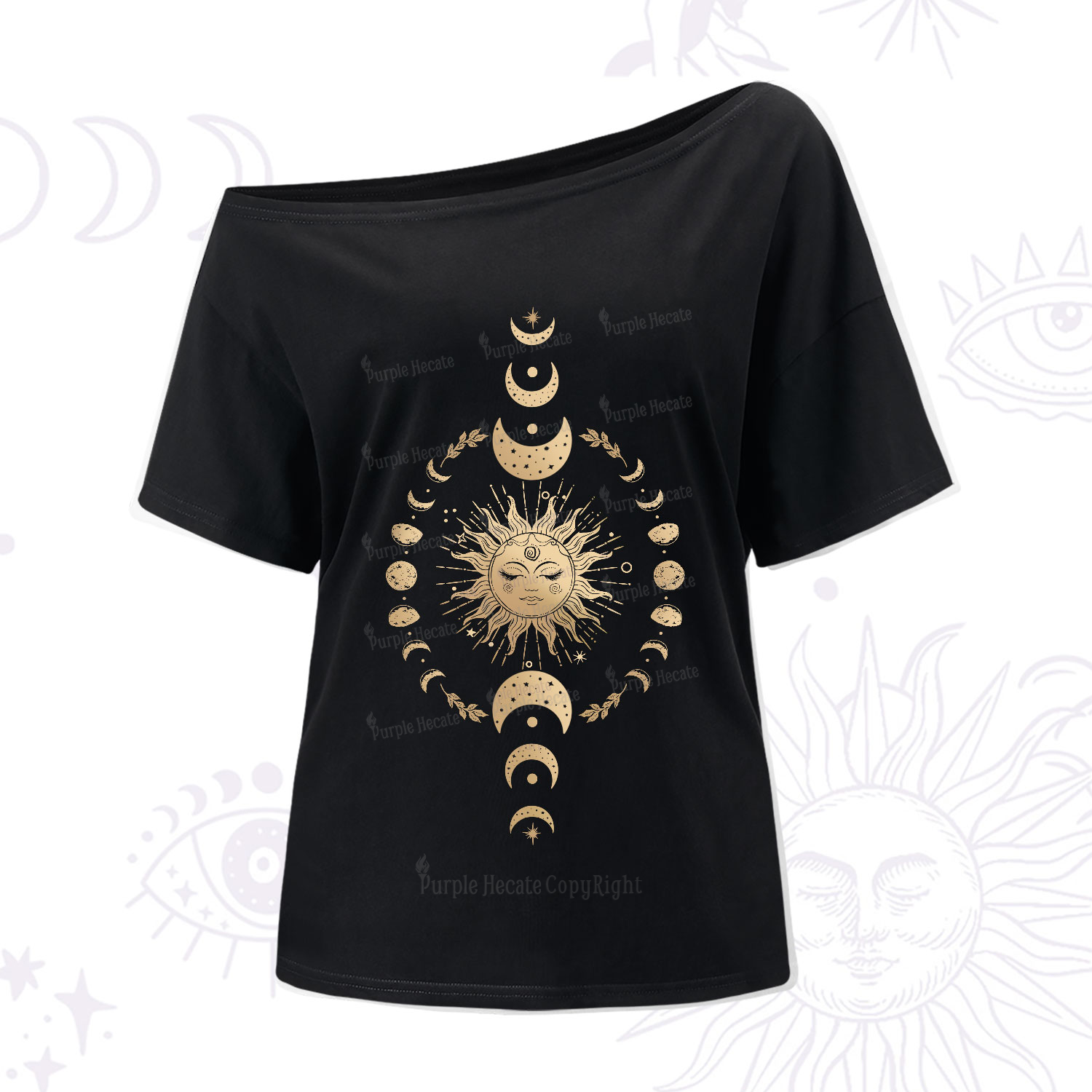 Purplehecate Celestial Sun & Moon Phases One-Shoulder T-Shirt