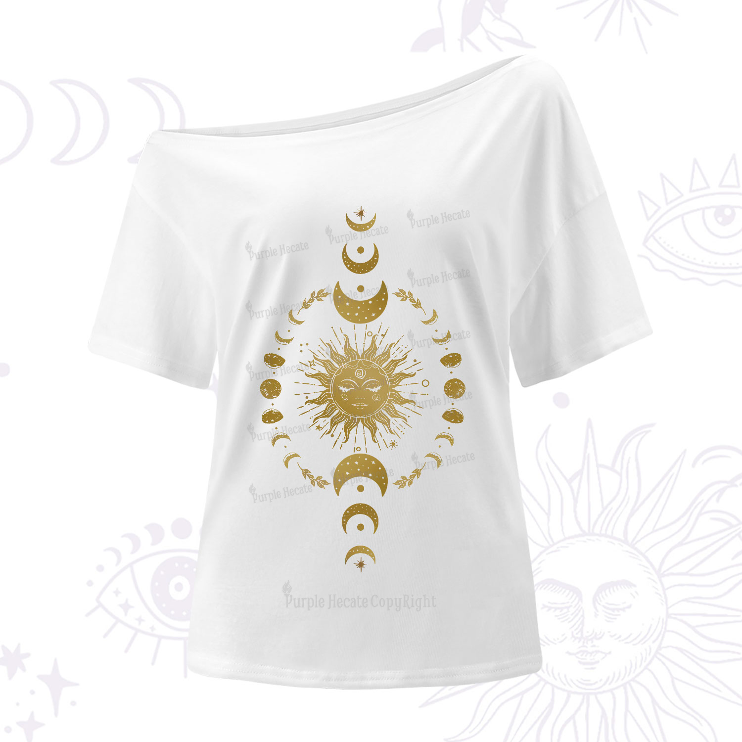 Purplehecate Celestial Sun & Moon Phases One-Shoulder T-Shirt