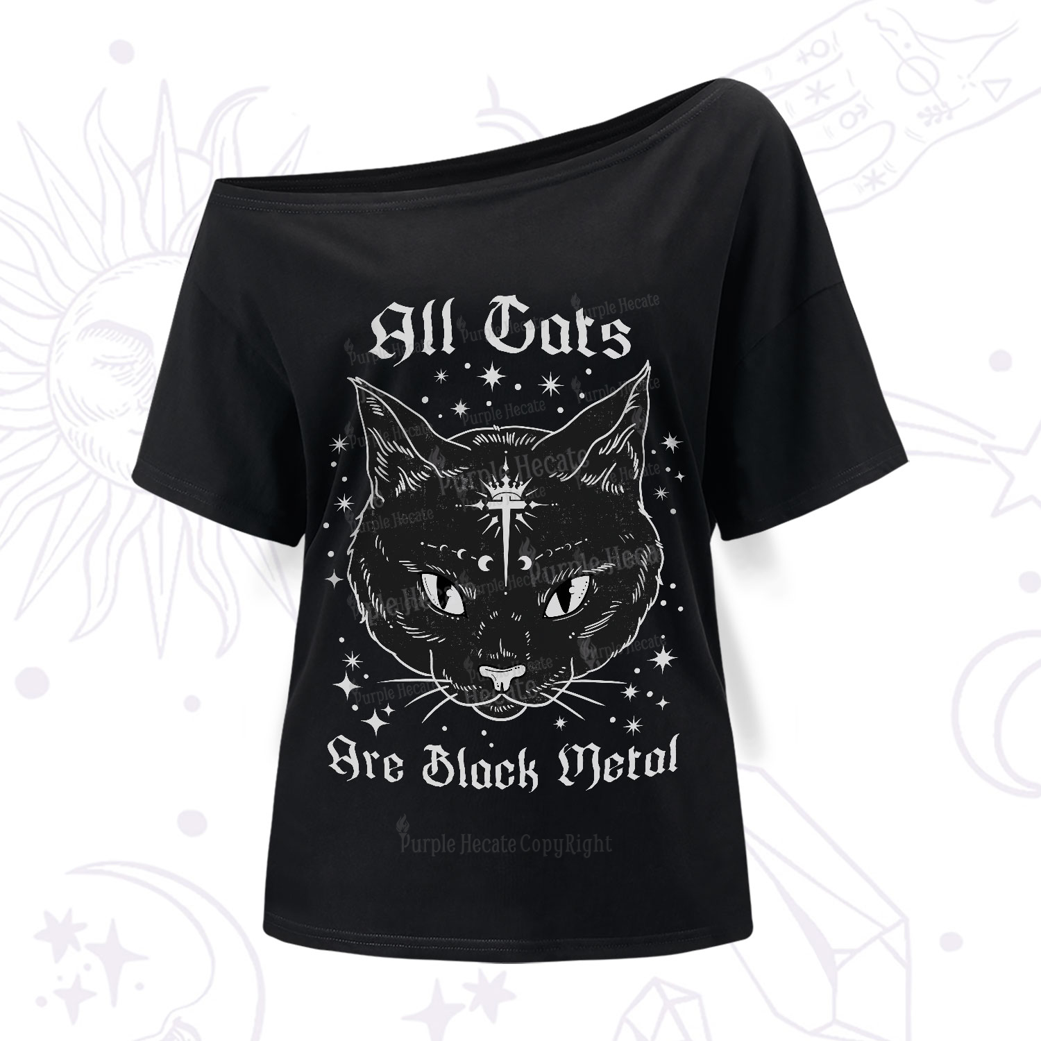 Purplehecate All Cats Are Black Metal One-Shoulder T-Shirt