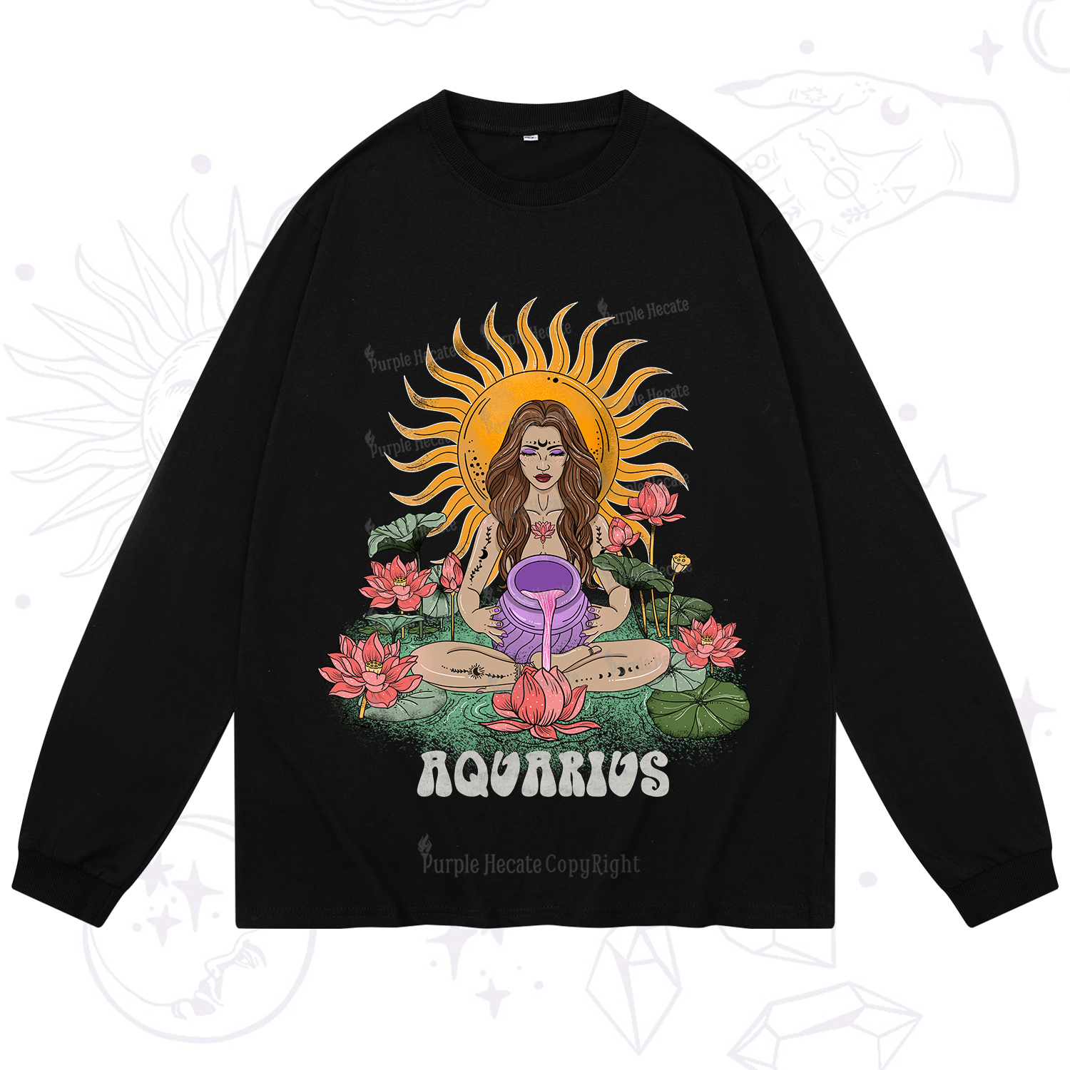 Purplehecate Sun Guardian Of Aquarius Zodiac Long Sleeve T-Shirt