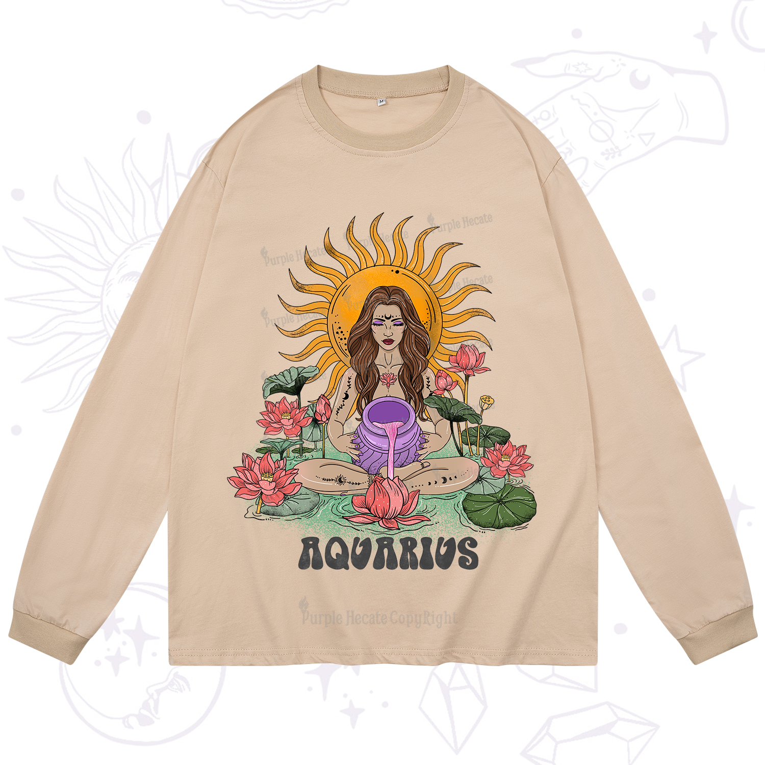 Purplehecate Sun Guardian Of Aquarius Zodiac Long Sleeve T-Shirt