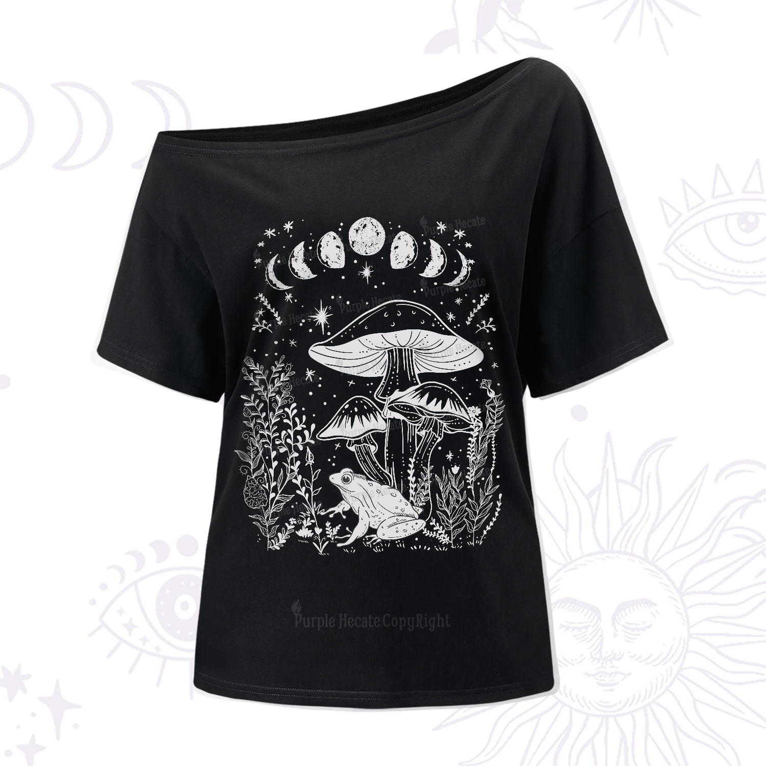 Purplehecate Celestial Frog Mushrooms One-Shoulder T-Shirt
