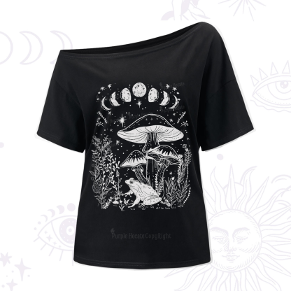 Purplehecate Celestial Frog Mushrooms One-Shoulder T-Shirt