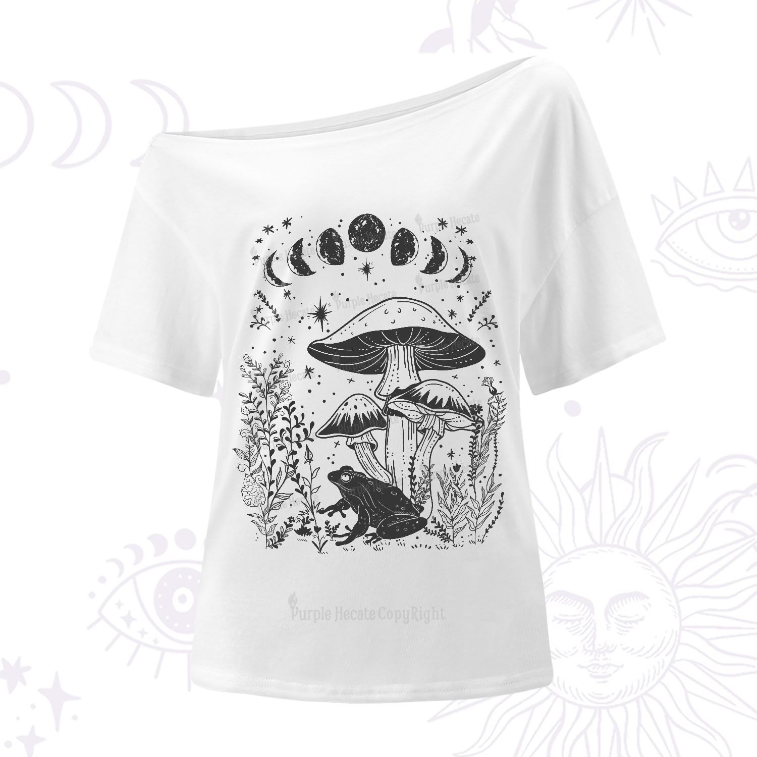 Purplehecate Celestial Frog Mushrooms One-Shoulder T-Shirt