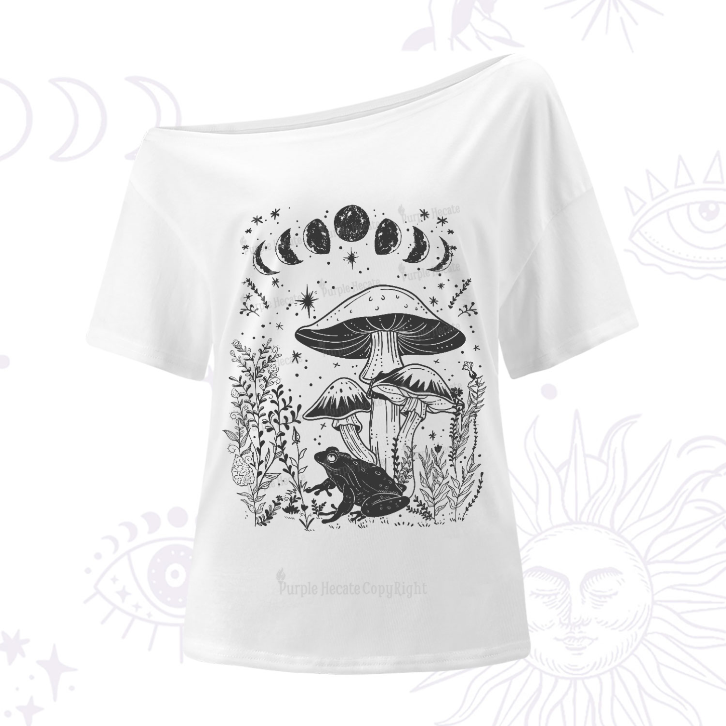 Purplehecate Celestial Frog Mushrooms One-Shoulder T-Shirt