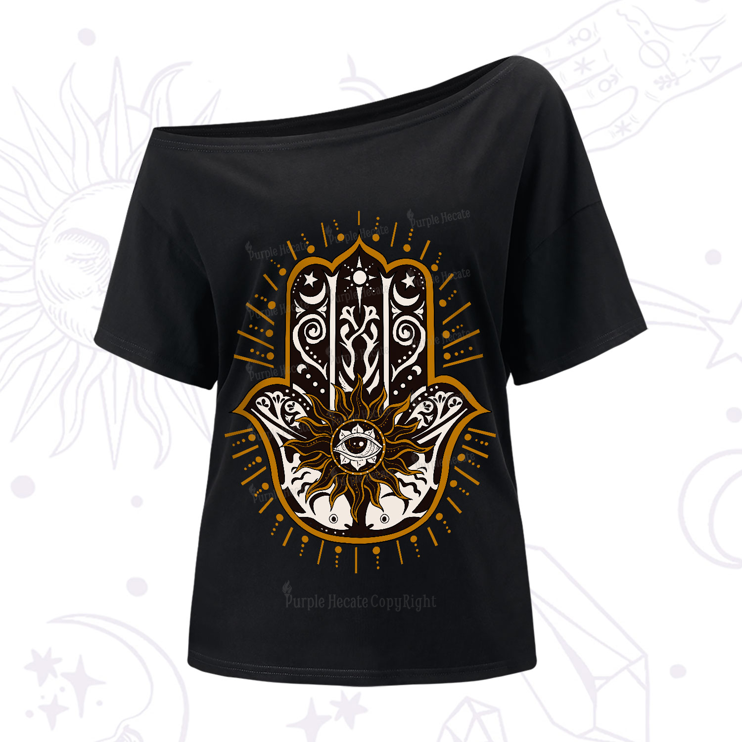 Purplehecate The Sun Eye Hamsa One-Shoulder T-Shirt