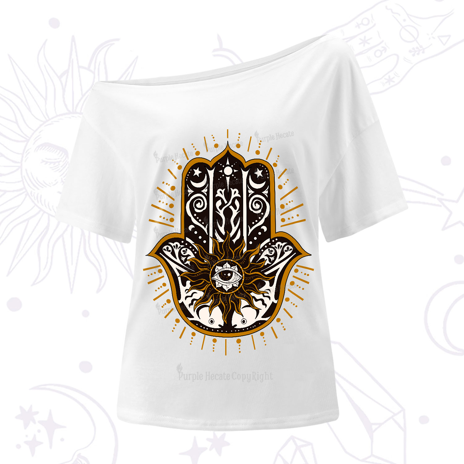 Purplehecate The Sun Eye Hamsa One-Shoulder T-Shirt