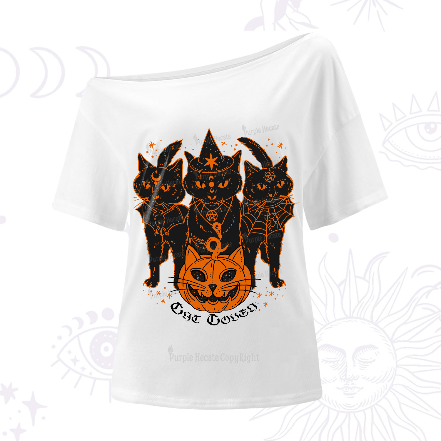 Purplehecate Pumpkin Witch Cat Coven Halloween One-Shoulder T-Shirt