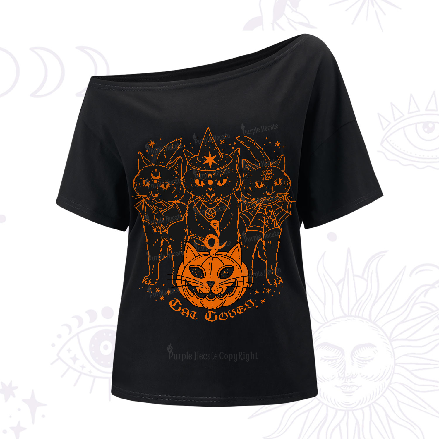 Purplehecate Pumpkin Witch Cat Coven Halloween One-Shoulder T-Shirt