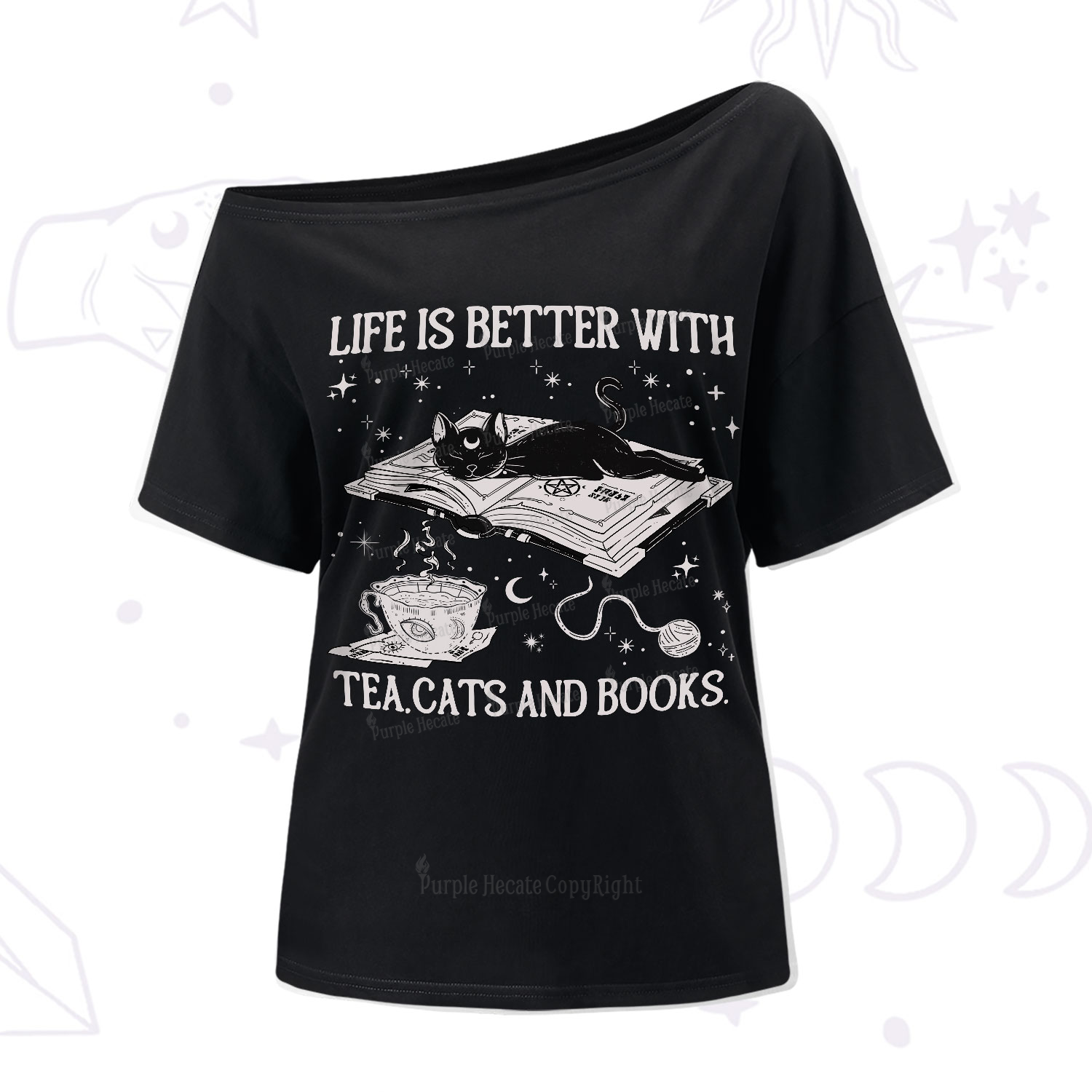 Purplehecate Life Is Better With Cats And Books One-Shoulder T-Shirt