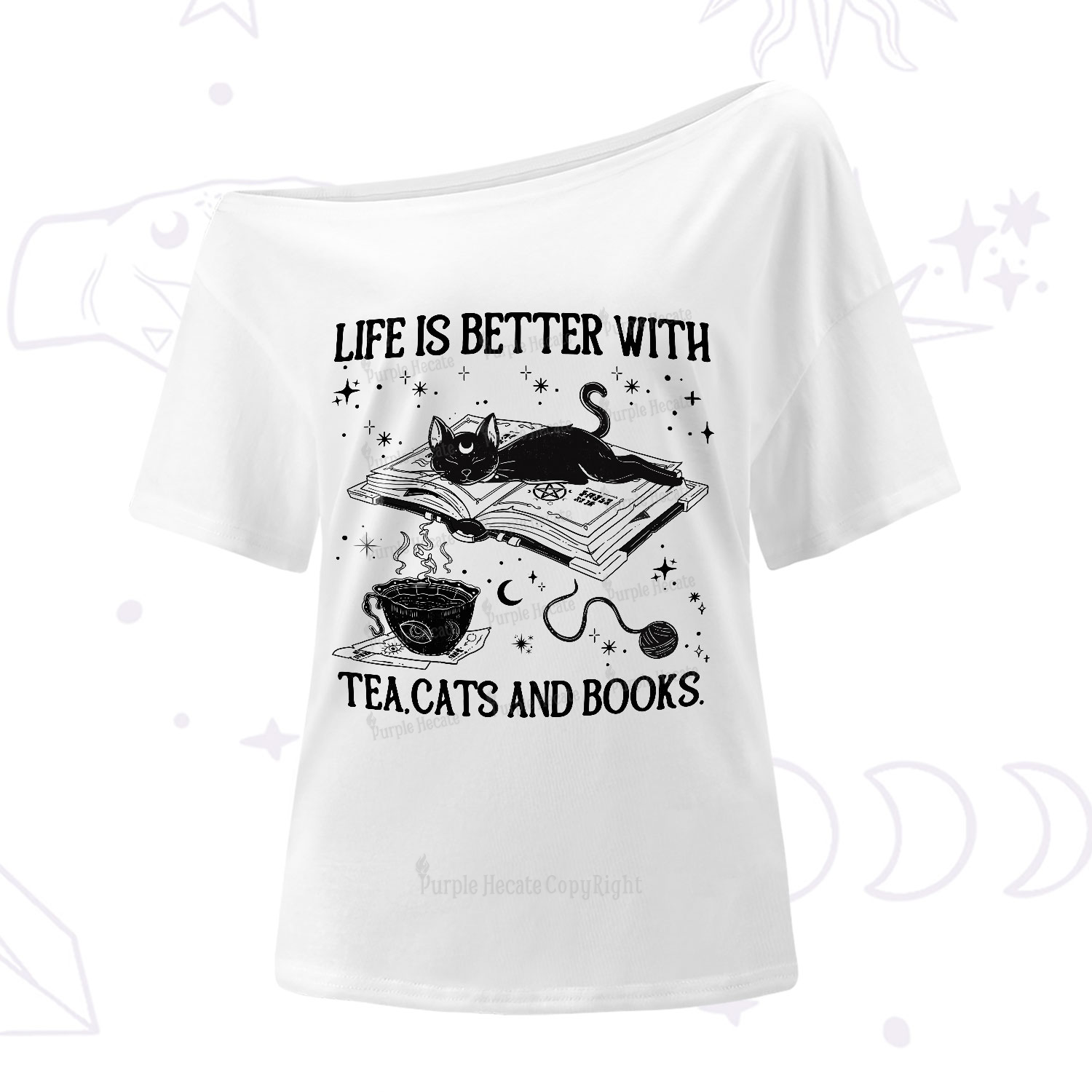 Purplehecate Life Is Better With Cats And Books One-Shoulder T-Shirt