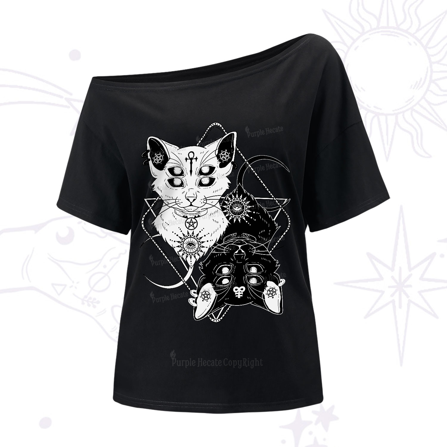 Purplehecate Occult Mirror Cats One-Shoulder T-Shirt