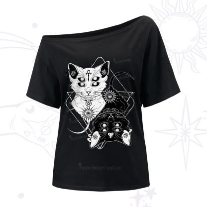 Purplehecate Occult Mirror Cats One-Shoulder T-Shirt