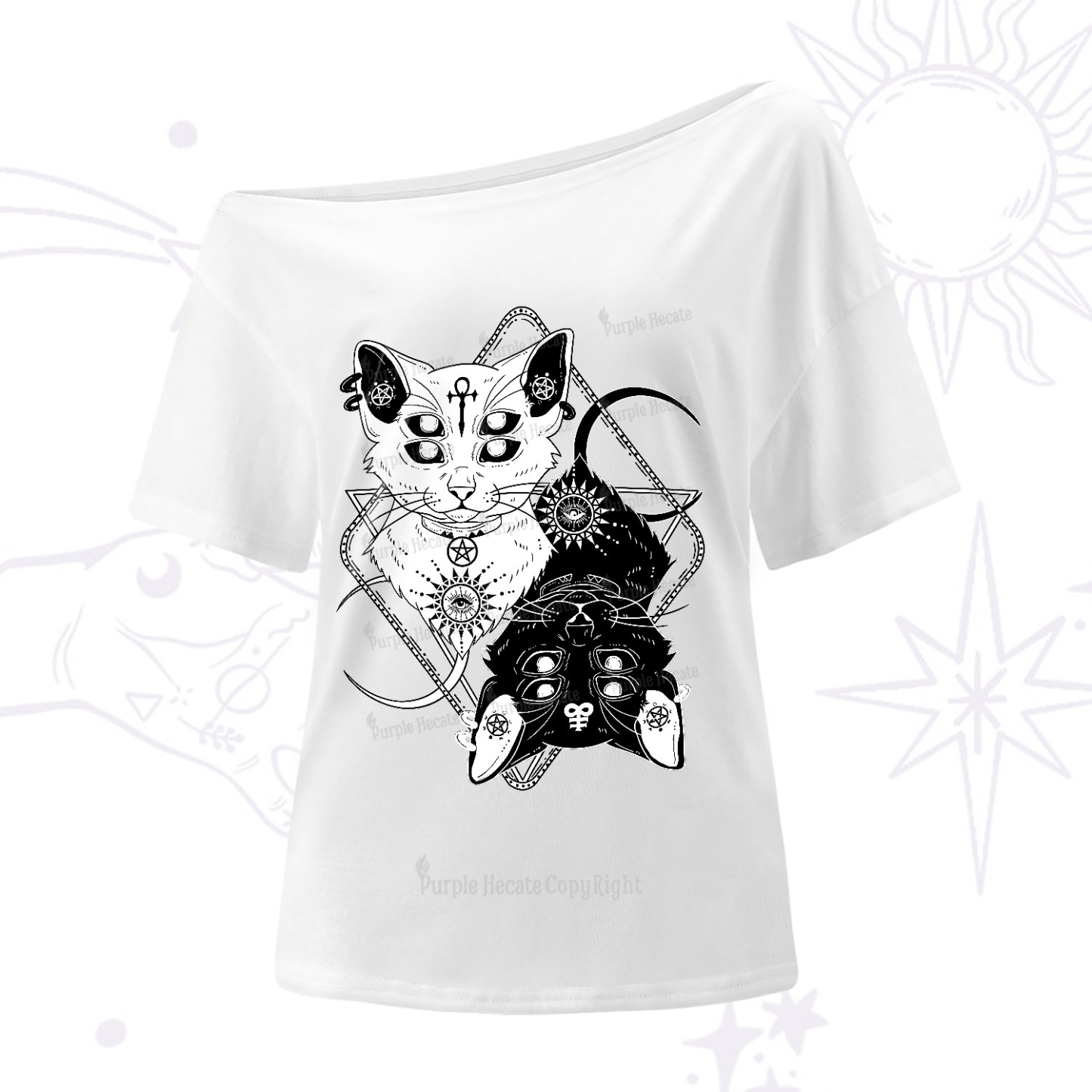 Purplehecate Occult Mirror Cats One-Shoulder T-Shirt
