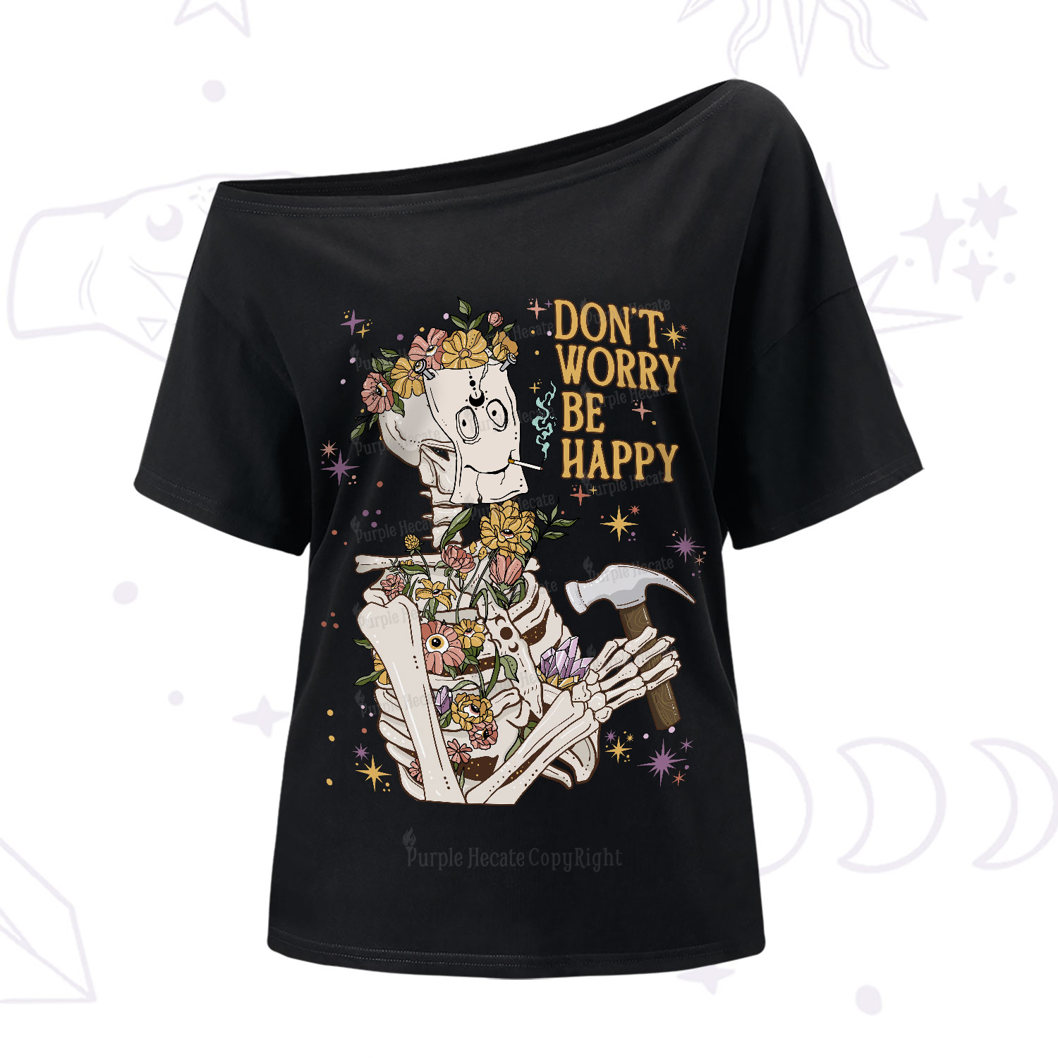 Purplehecate Don't Worry Be Happy One-Shoulder T-Shirt