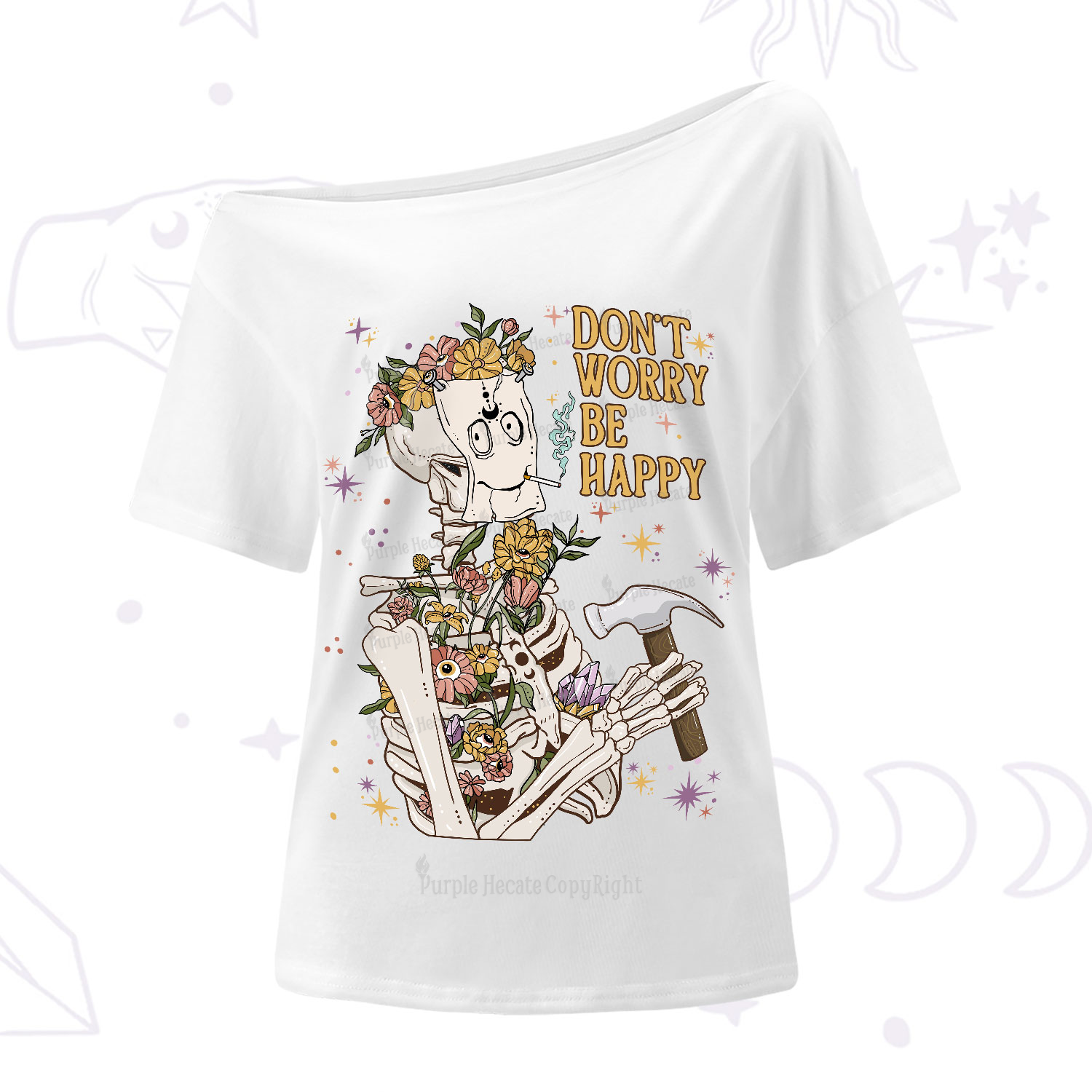 Purplehecate Don't Worry Be Happy One-Shoulder T-Shirt