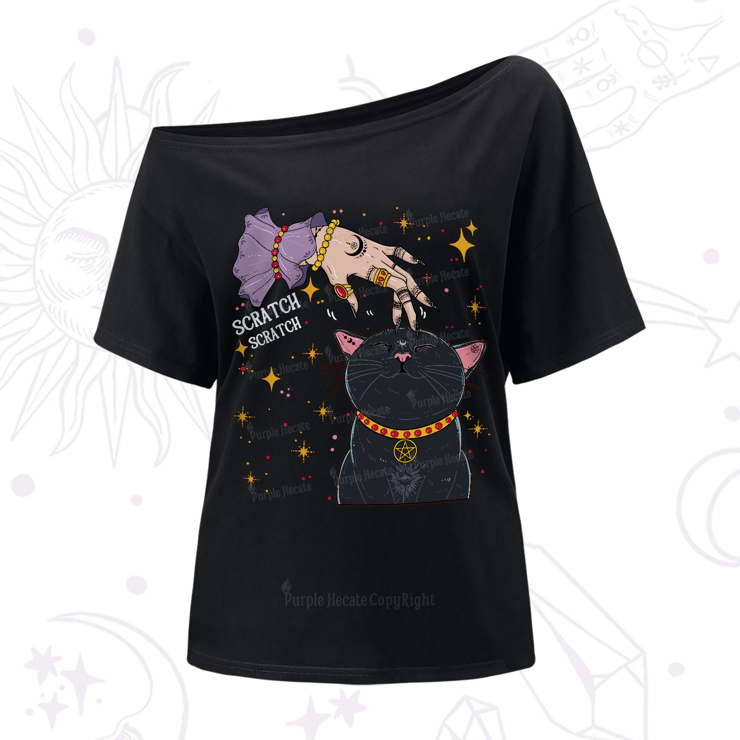 Purplehecate Witch's Cat Scratch One-Shoulder T-Shirt
