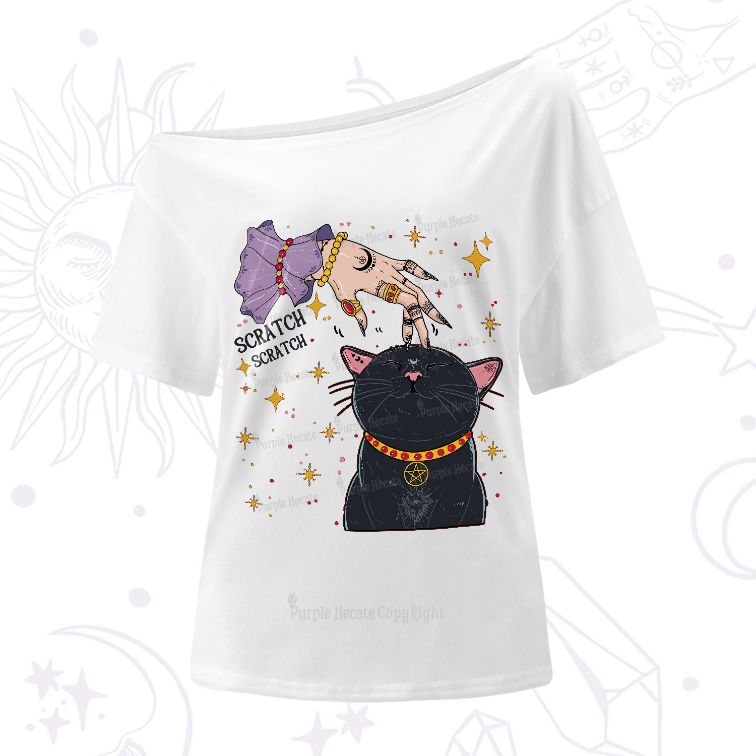 Purplehecate Witch's Cat Scratch One-Shoulder T-Shirt