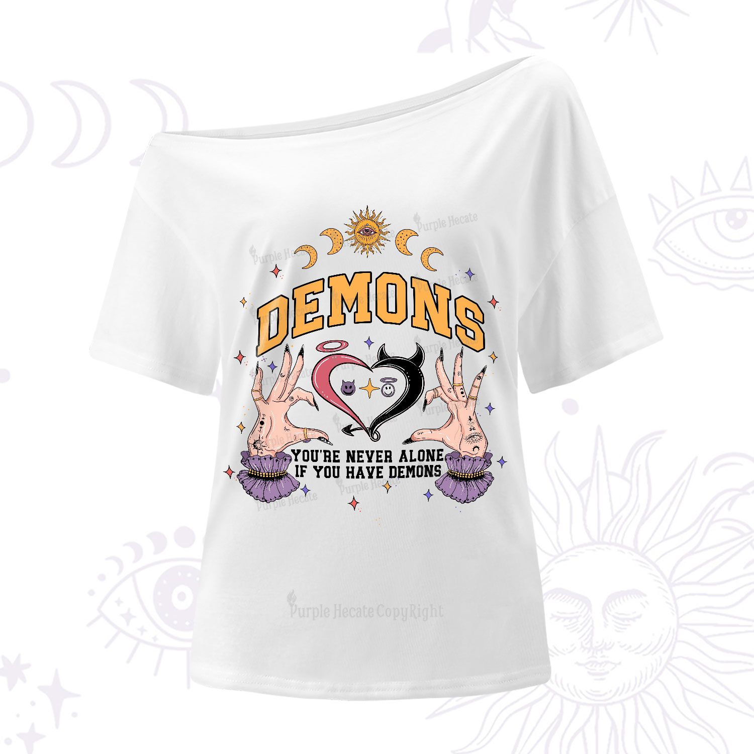 Purplehecate You're Never Alone If You Have Demons One-Shoulder T-Shirt