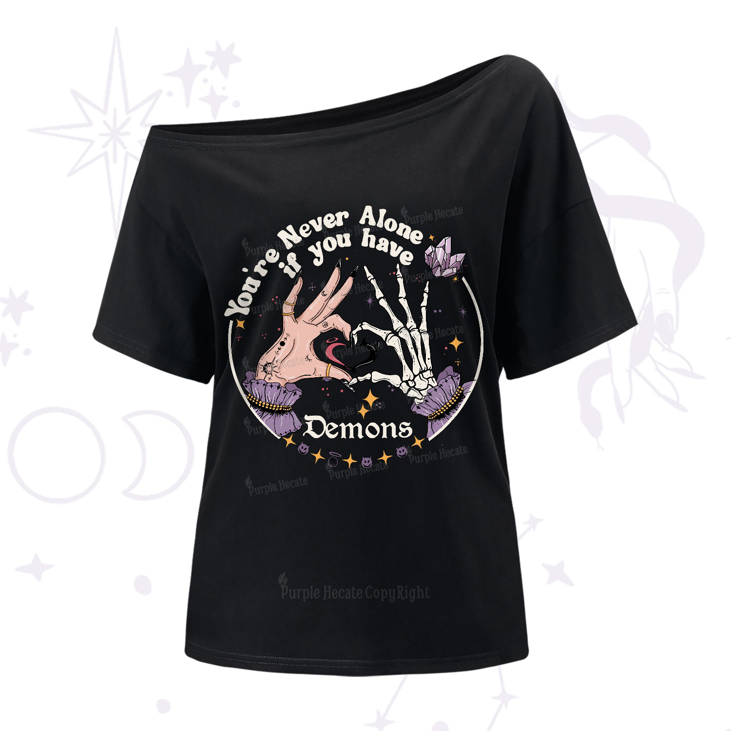 Purplehecate You're Never Alone If You Have Demons One-Shoulder T-Shirt
