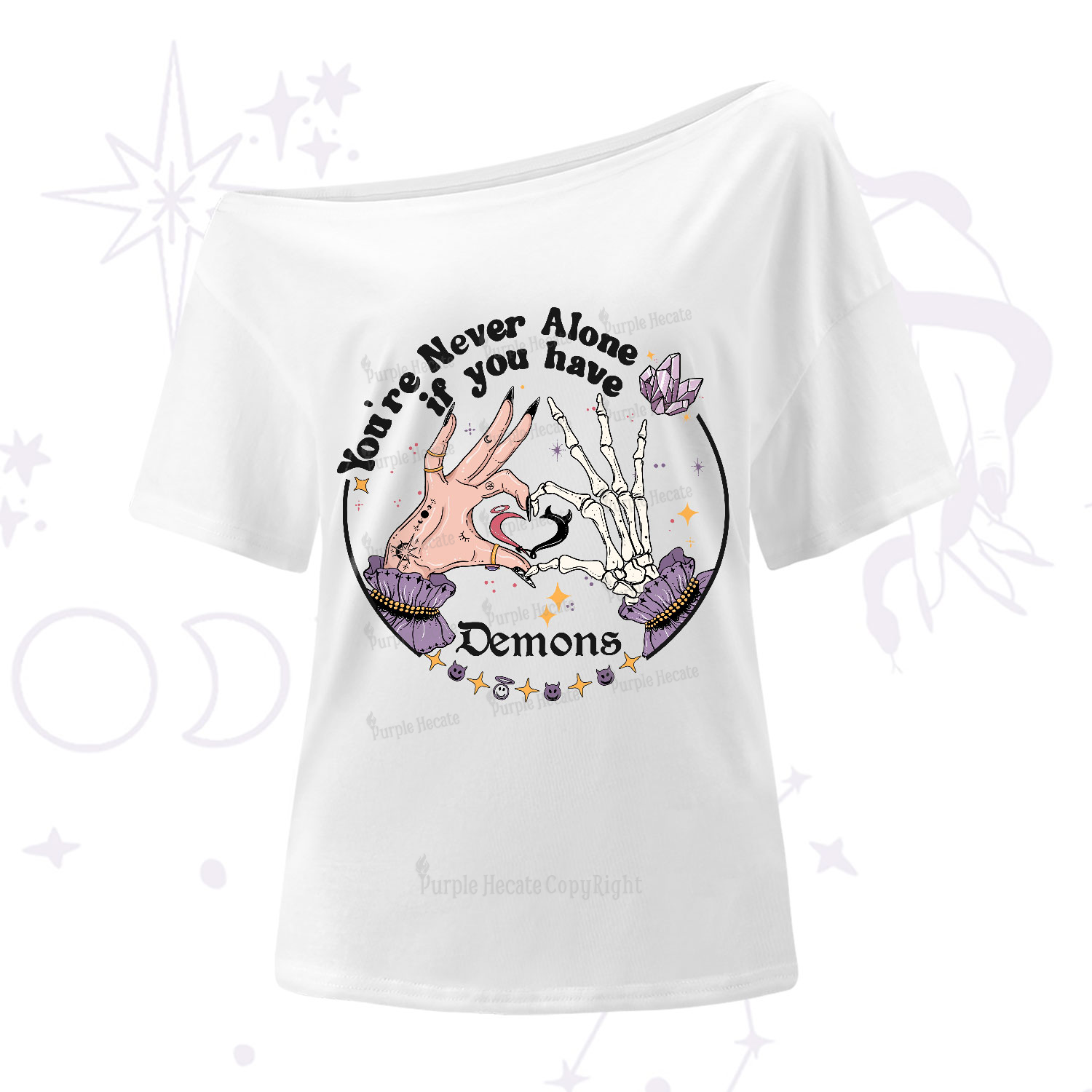 Purplehecate You're Never Alone If You Have Demons One-Shoulder T-Shirt