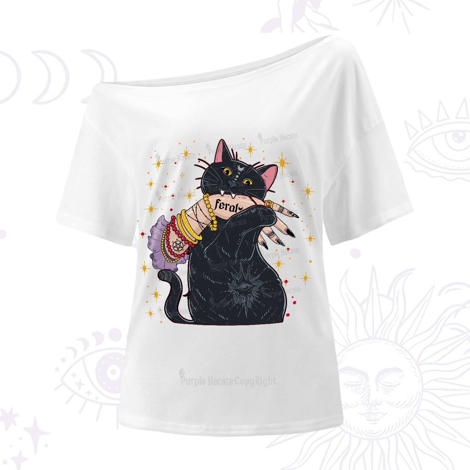 Purplehecate Feral Cat One-Shoulder T-Shirt