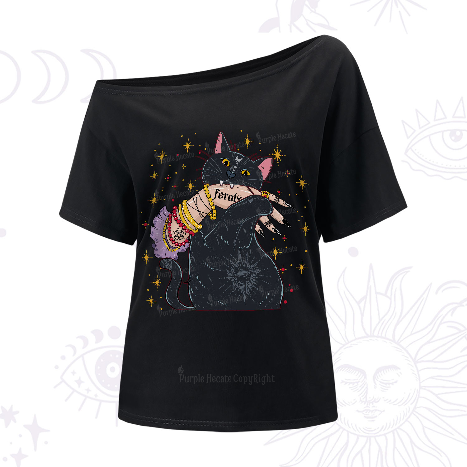 Purplehecate Feral Cat One-Shoulder T-Shirt