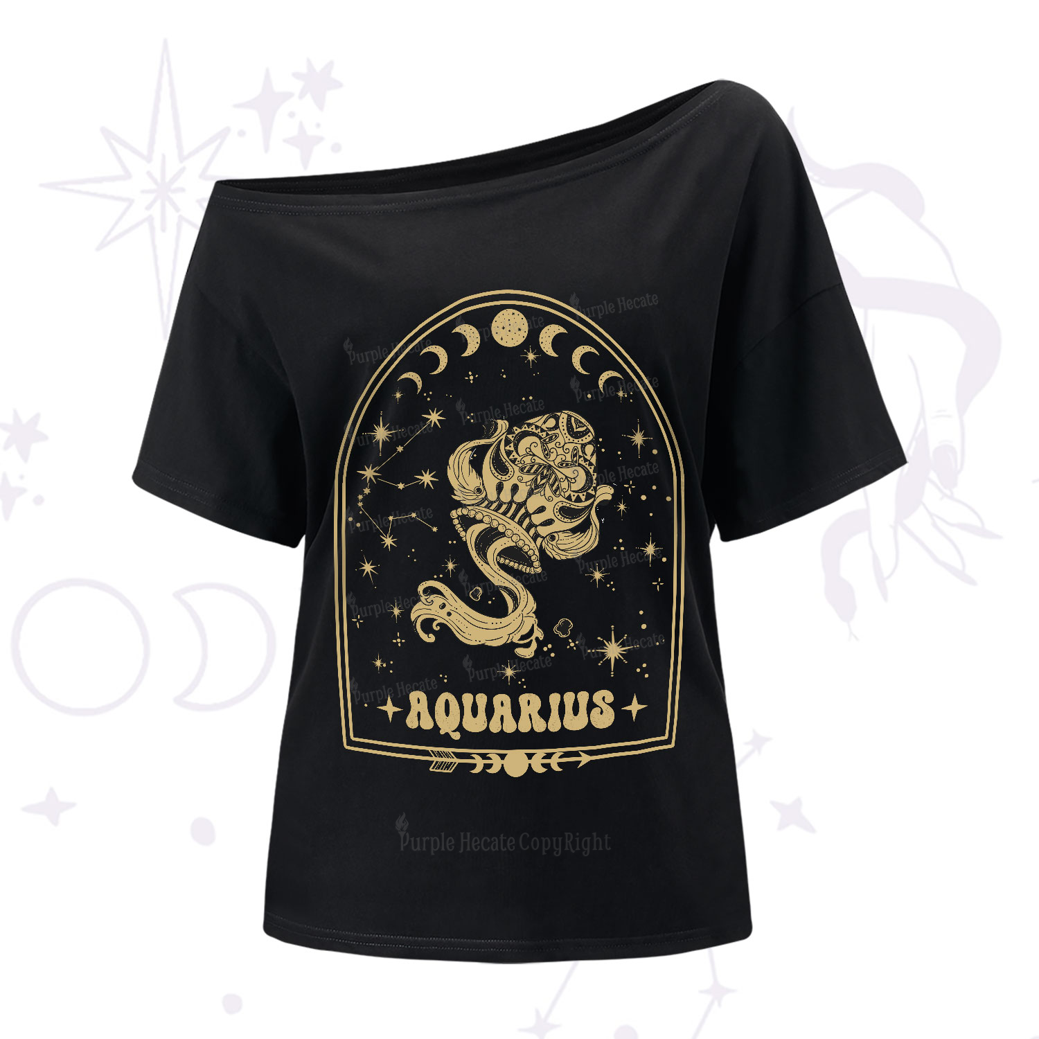Purplehecate Zodiac Aquarius Under the Stars One-Shoulder T-Shirt