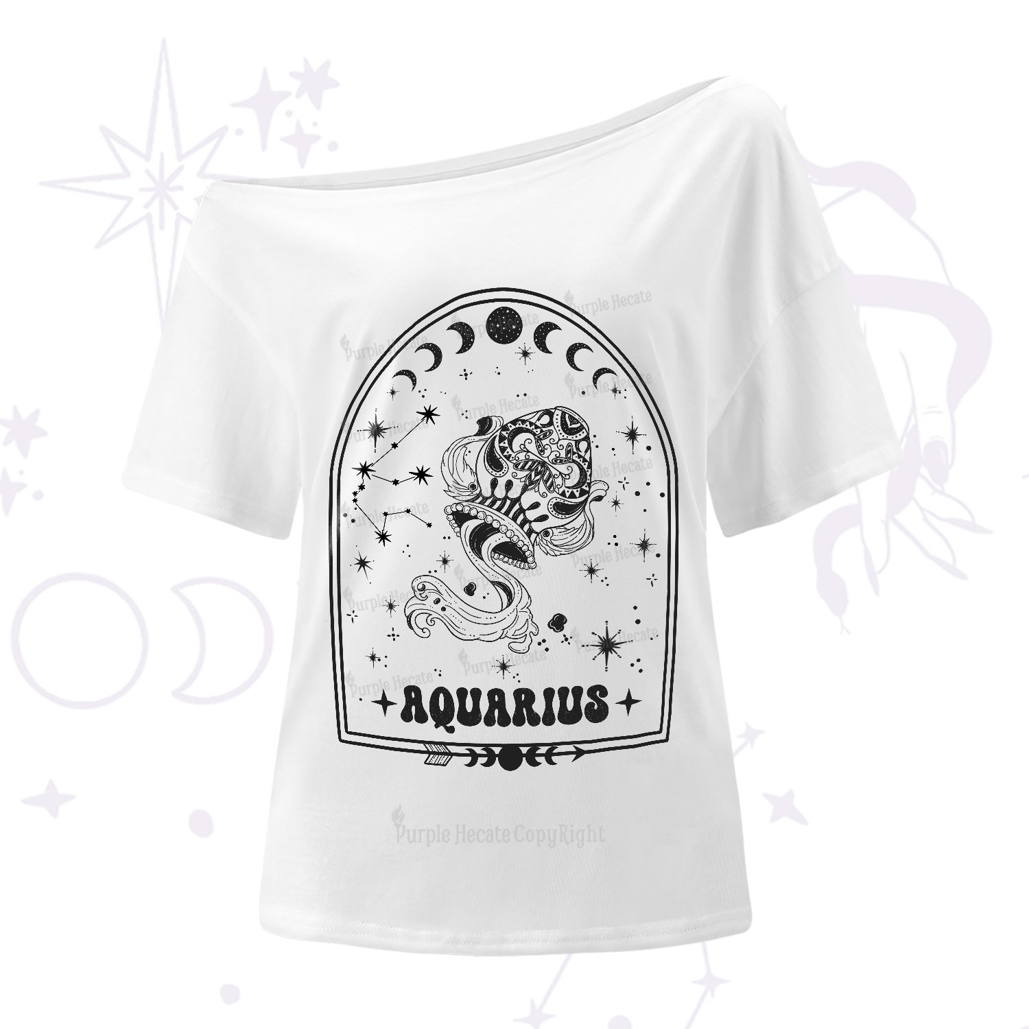 Purplehecate Zodiac Aquarius Under the Stars One-Shoulder T-Shirt