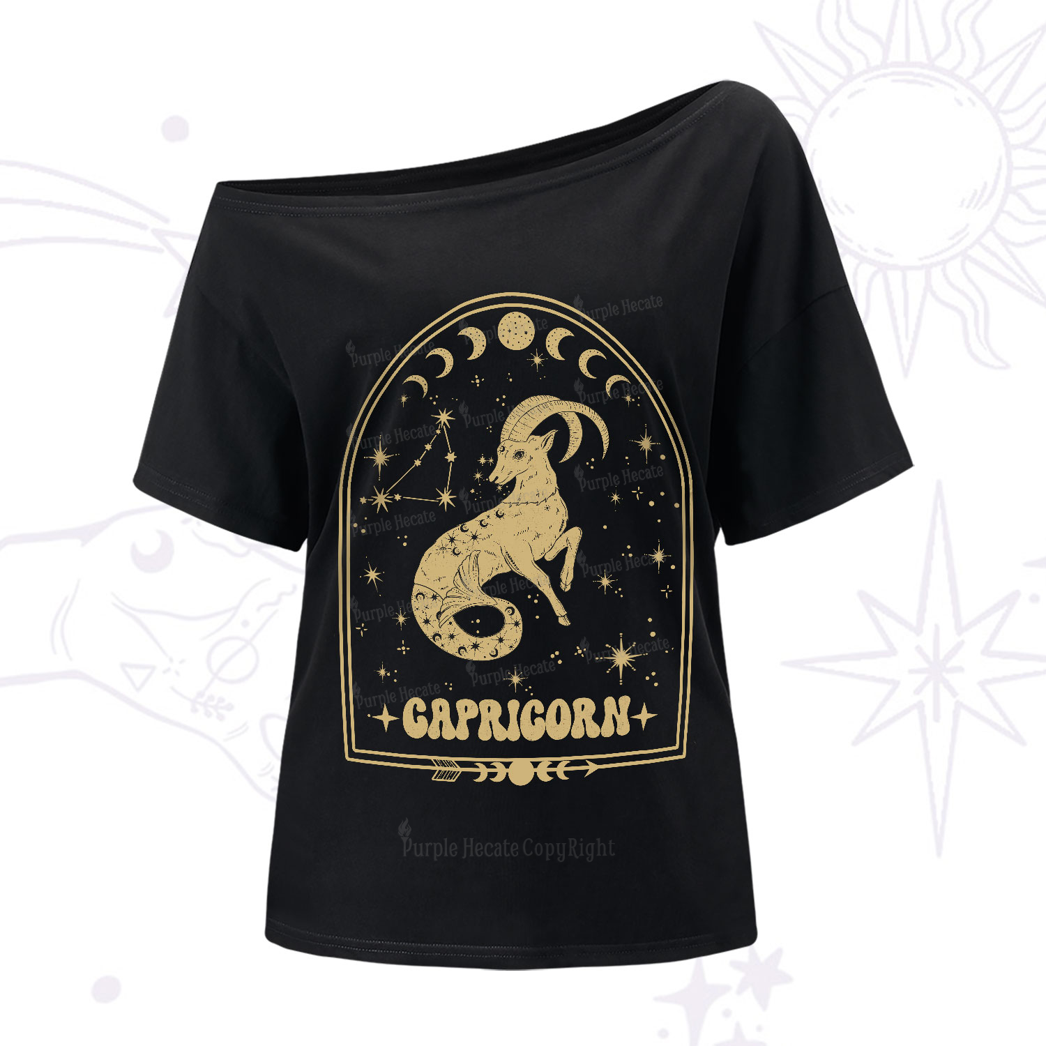 Purplehecate Zodiac Capricorn Under the Stars One-Shoulder T-Shirt