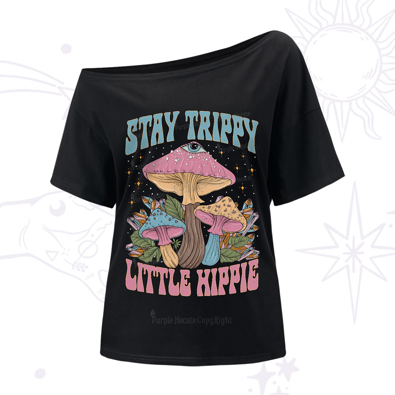 Purplehecate Stay Trippy Little Hippie Mushroom One-Shoulder T-Shirt