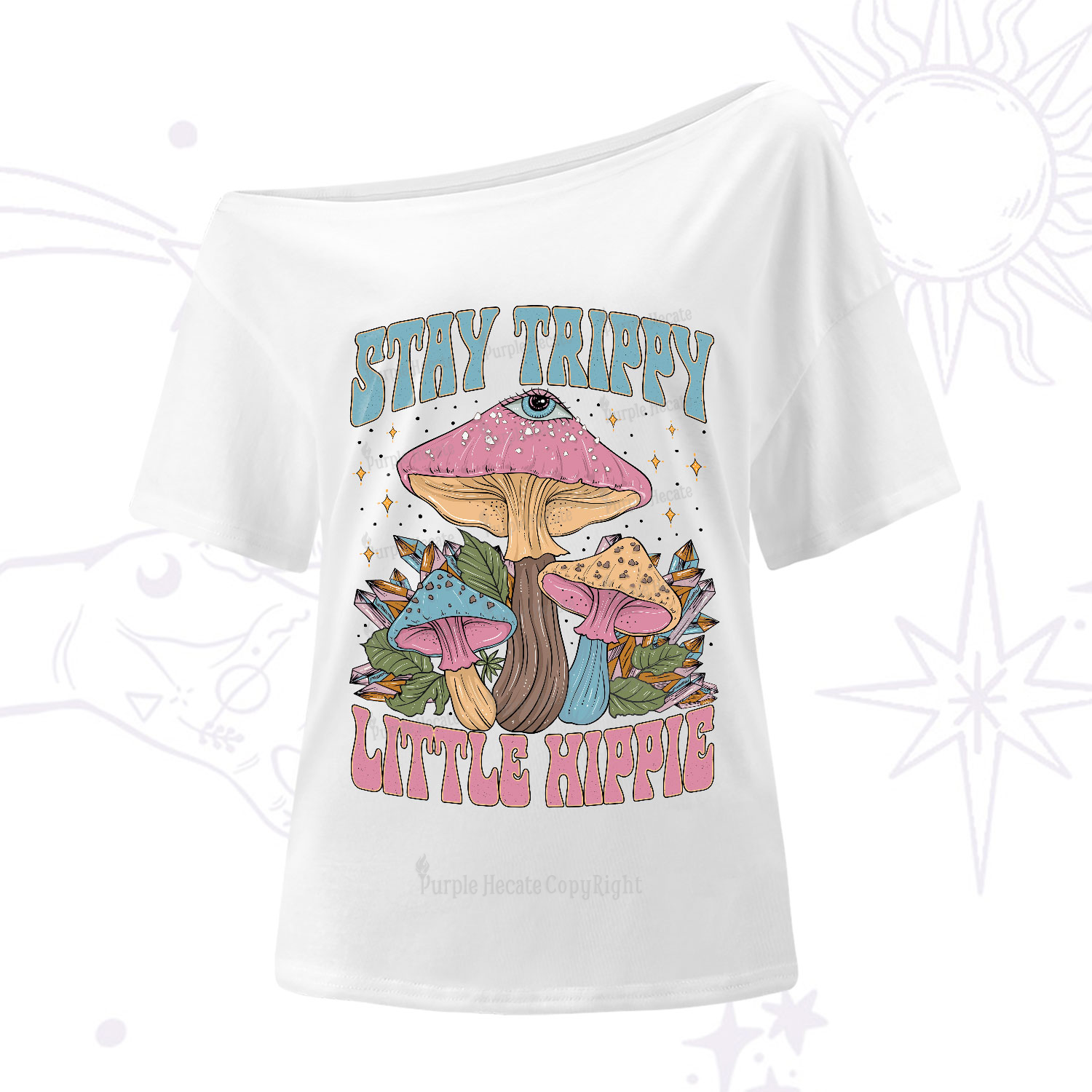 Purplehecate Stay Trippy Little Hippie Mushroom One-Shoulder T-Shirt