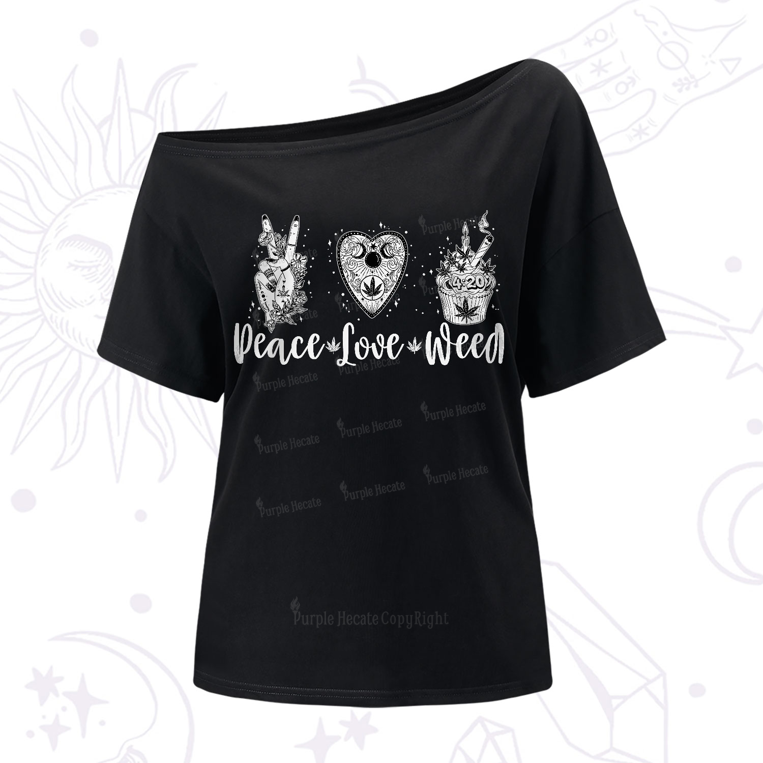 Purplehecate Peace Love Weed One-Shoulder T-Shirt