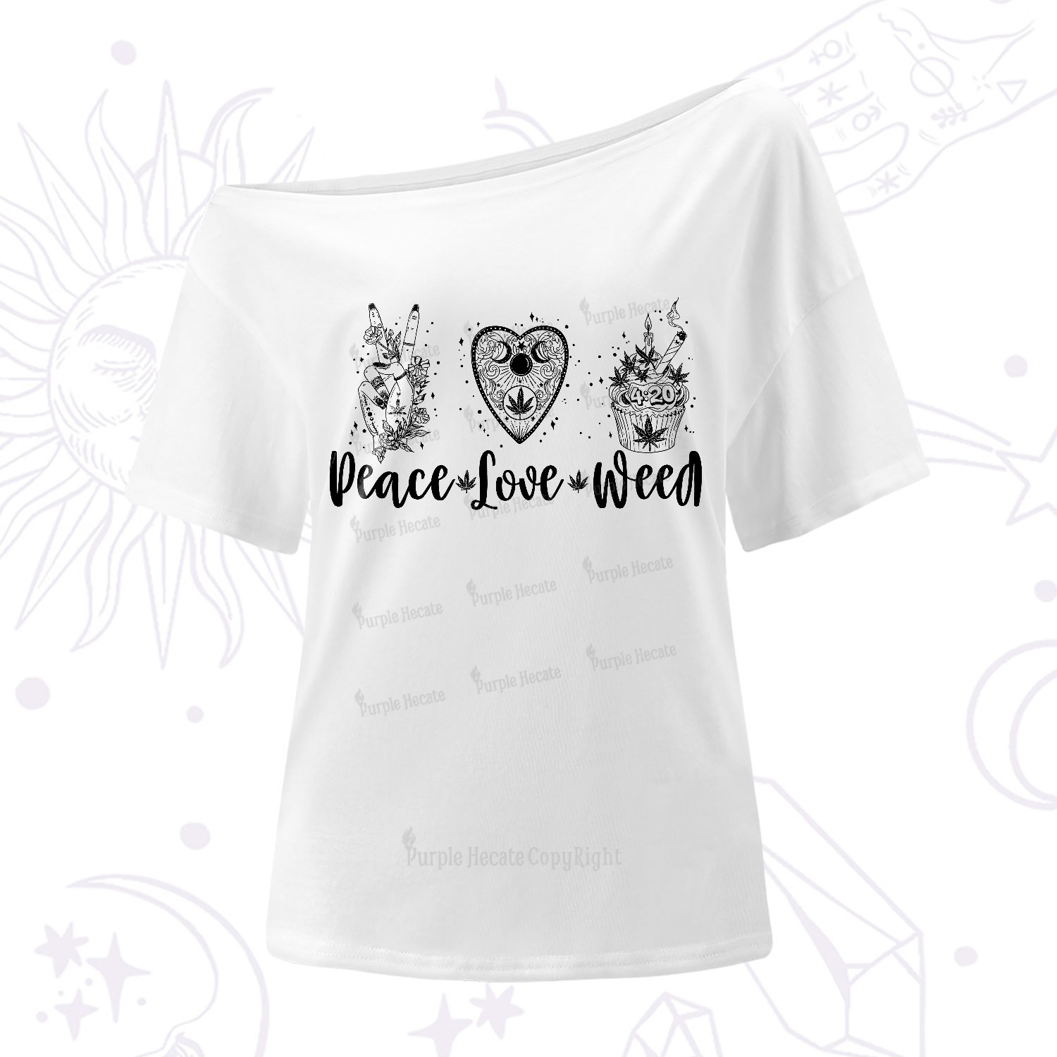 Purplehecate Peace Love Weed One-Shoulder T-Shirt