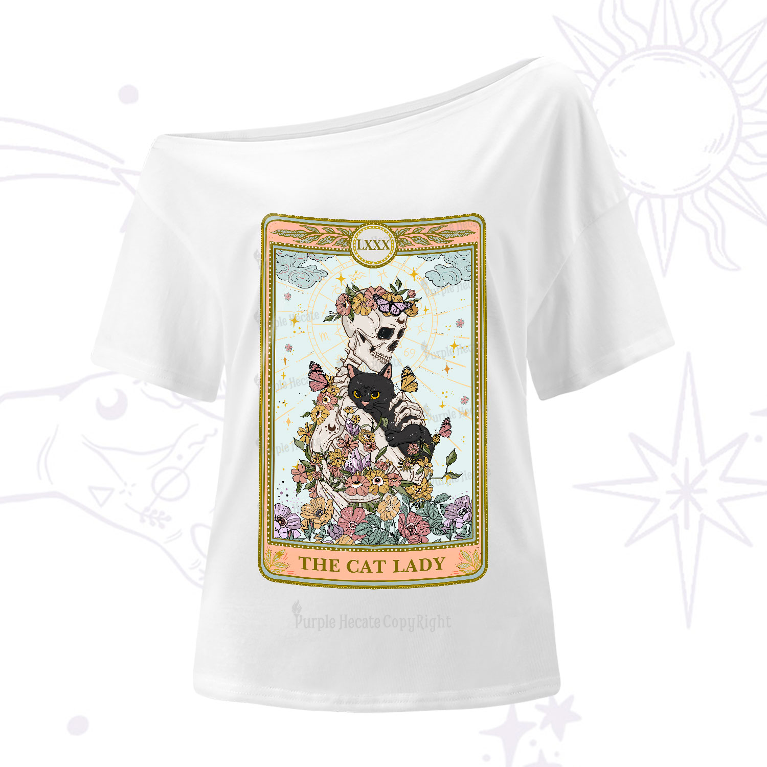 Purplehecate The Cat Lady Skeleton Tarot One-Shoulder T-Shirt