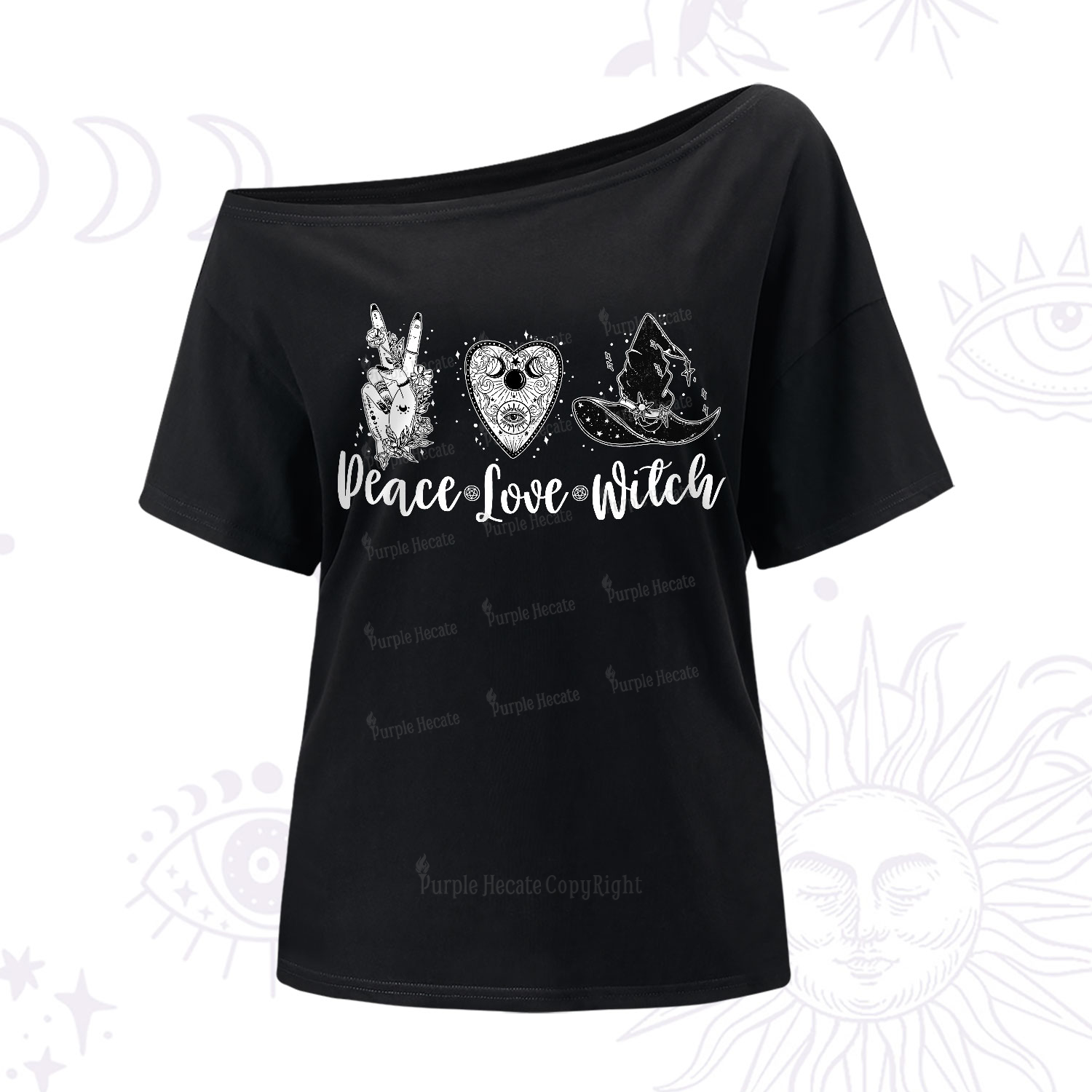 Purplehecate Peace Love Witch One-Shoulder T-Shirt