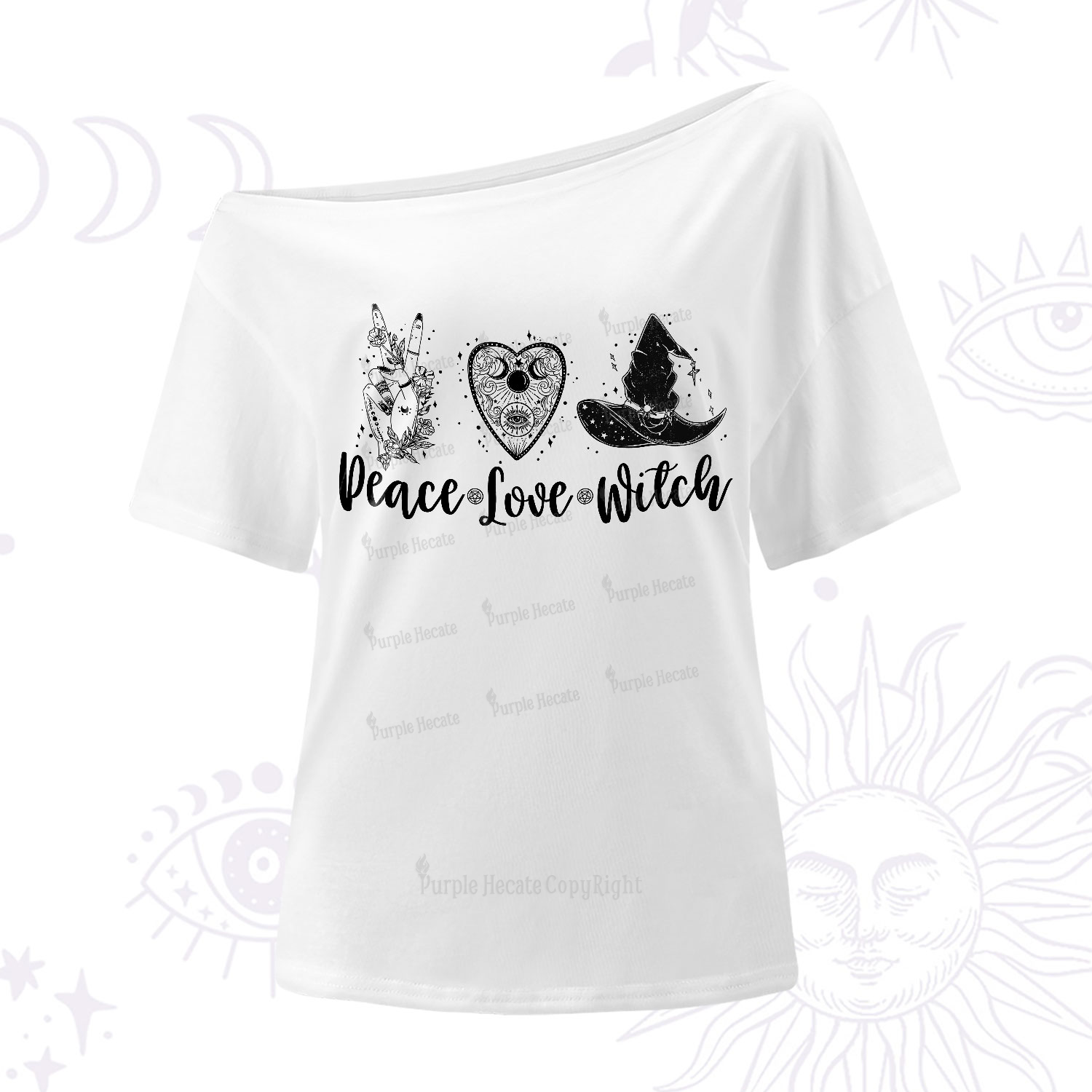 Purplehecate Peace Love Witch One-Shoulder T-Shirt