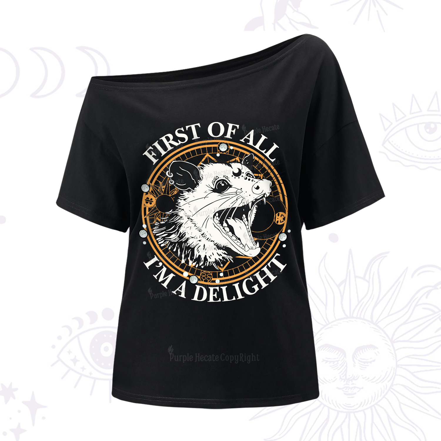 Purplehecate First Of All I Am A Delightful Angry Opossum One-Shoulder T-Shirt