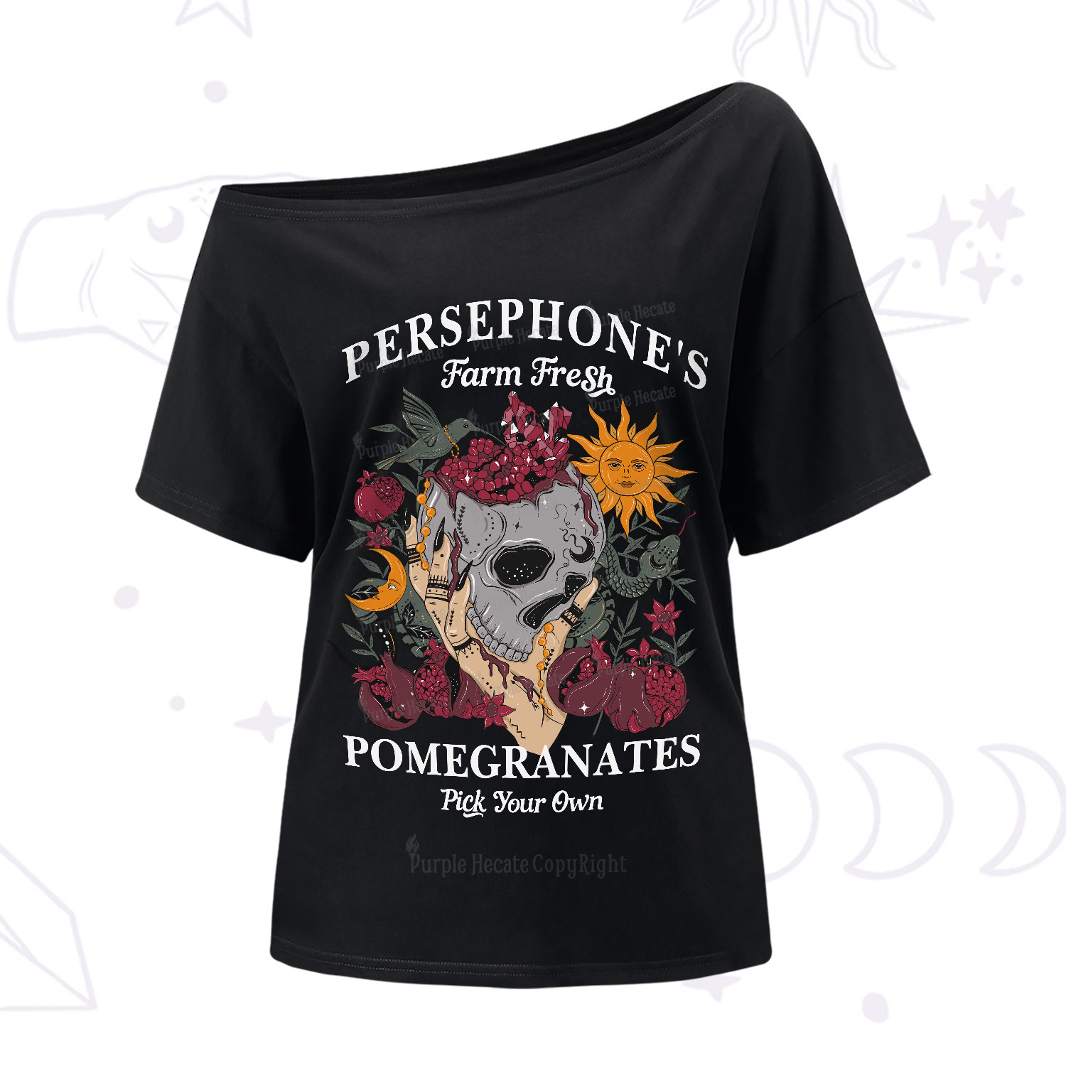Purplehecate Persephone's Farm Fresh Pomegranates Pick Your Own One-Shoulder T-Shirt