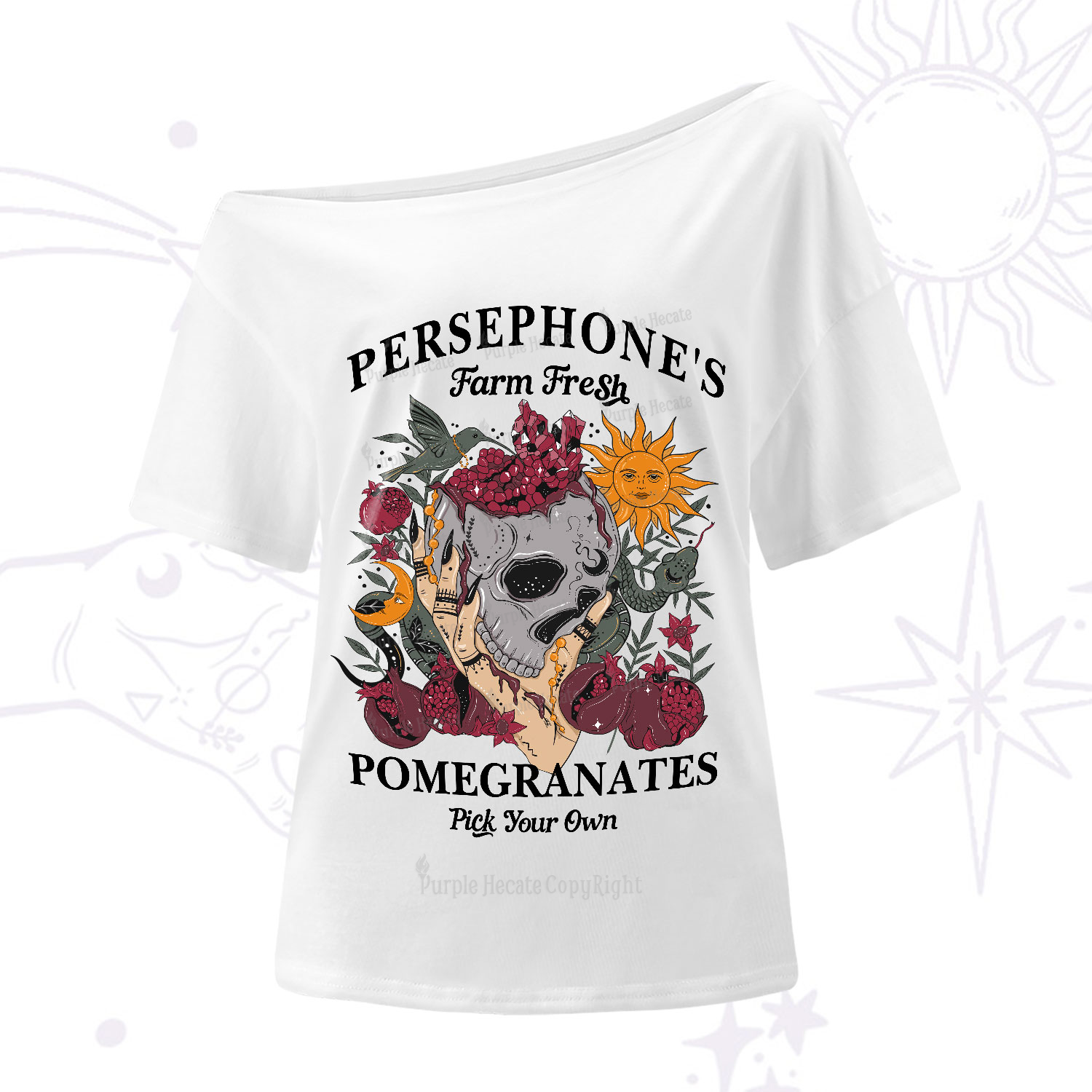 Purplehecate Persephone's Farm Fresh Pomegranates Pick Your Own One-Shoulder T-Shirt