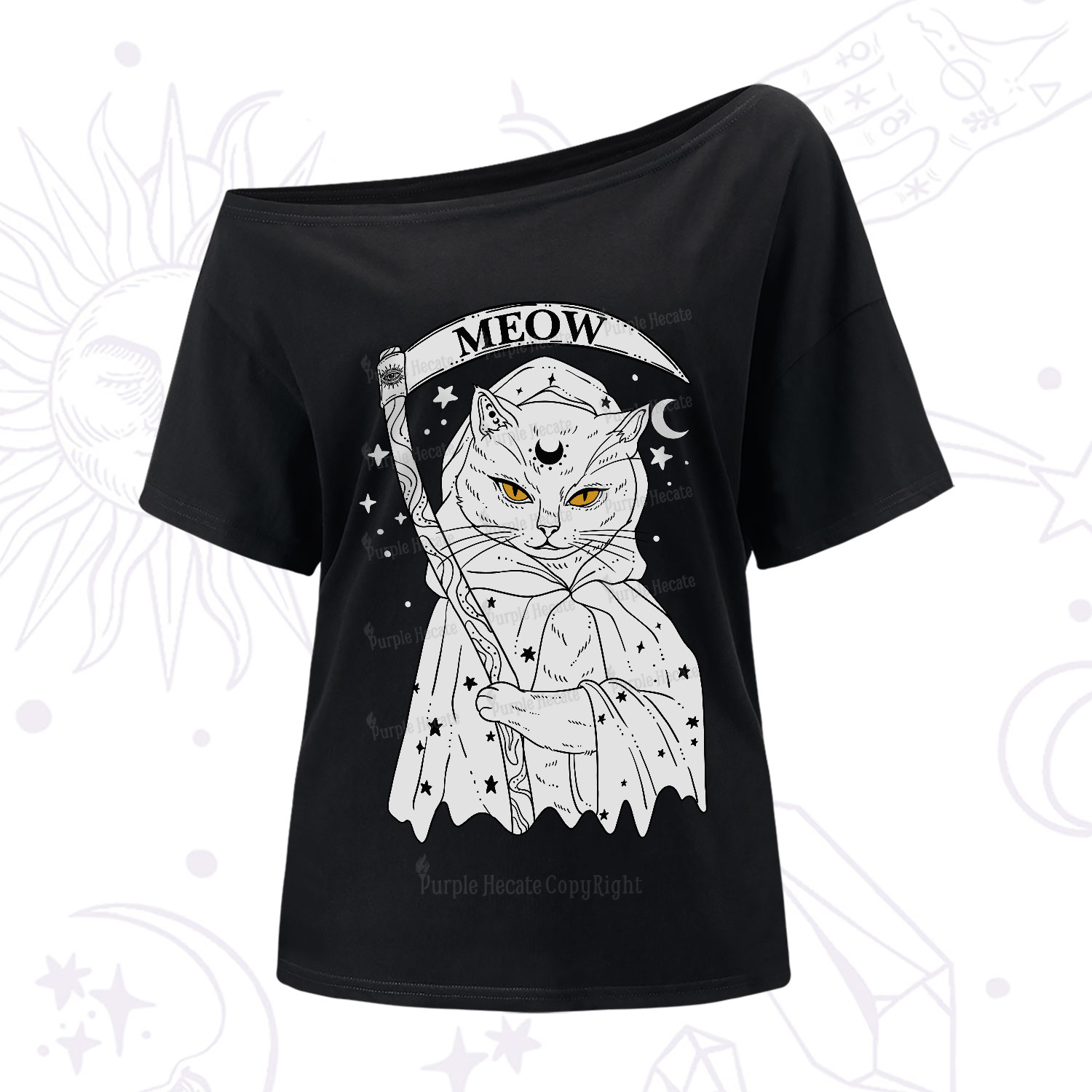 Purplehecate Grim Meow Reaper One-Shoulder T-Shirt