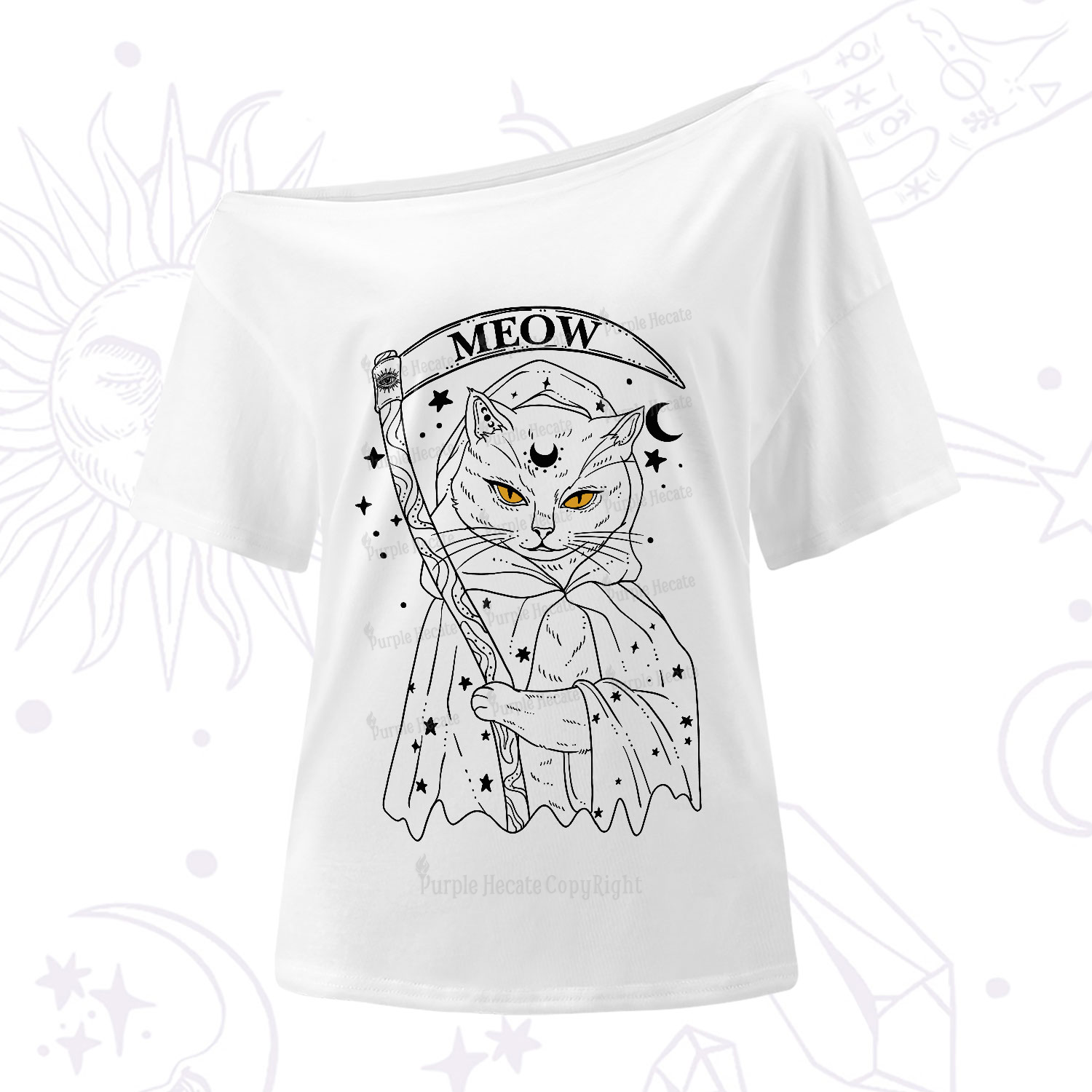 Purplehecate Grim Meow Reaper One-Shoulder T-Shirt