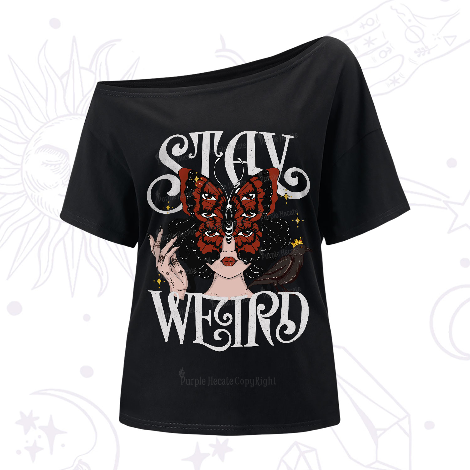 Purplehecate Stay Weird Gothic Butterfly Oracle One-Shoulder T-Shirt