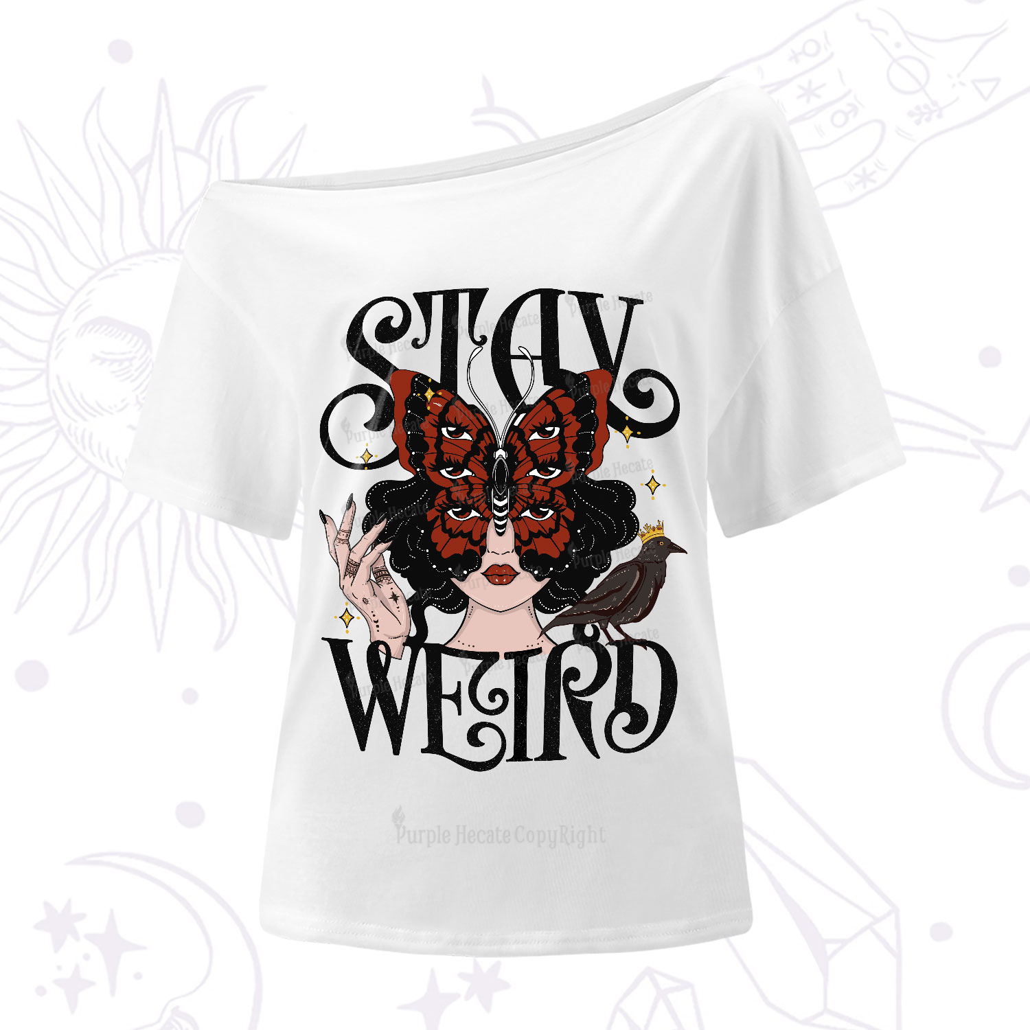 Purplehecate Stay Weird Gothic Butterfly Oracle One-Shoulder T-Shirt