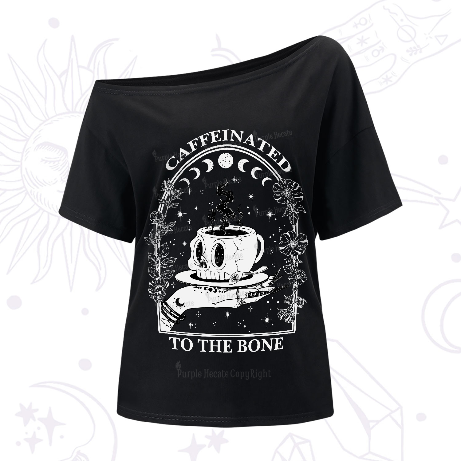 Purplehecate Caffeinated To The Bone One-Shoulder T-Shirt