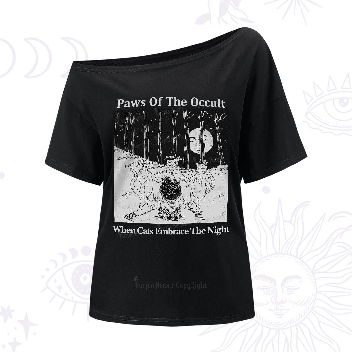 Purplehecate Witchy Cats One-Shoulder T-Shirt
